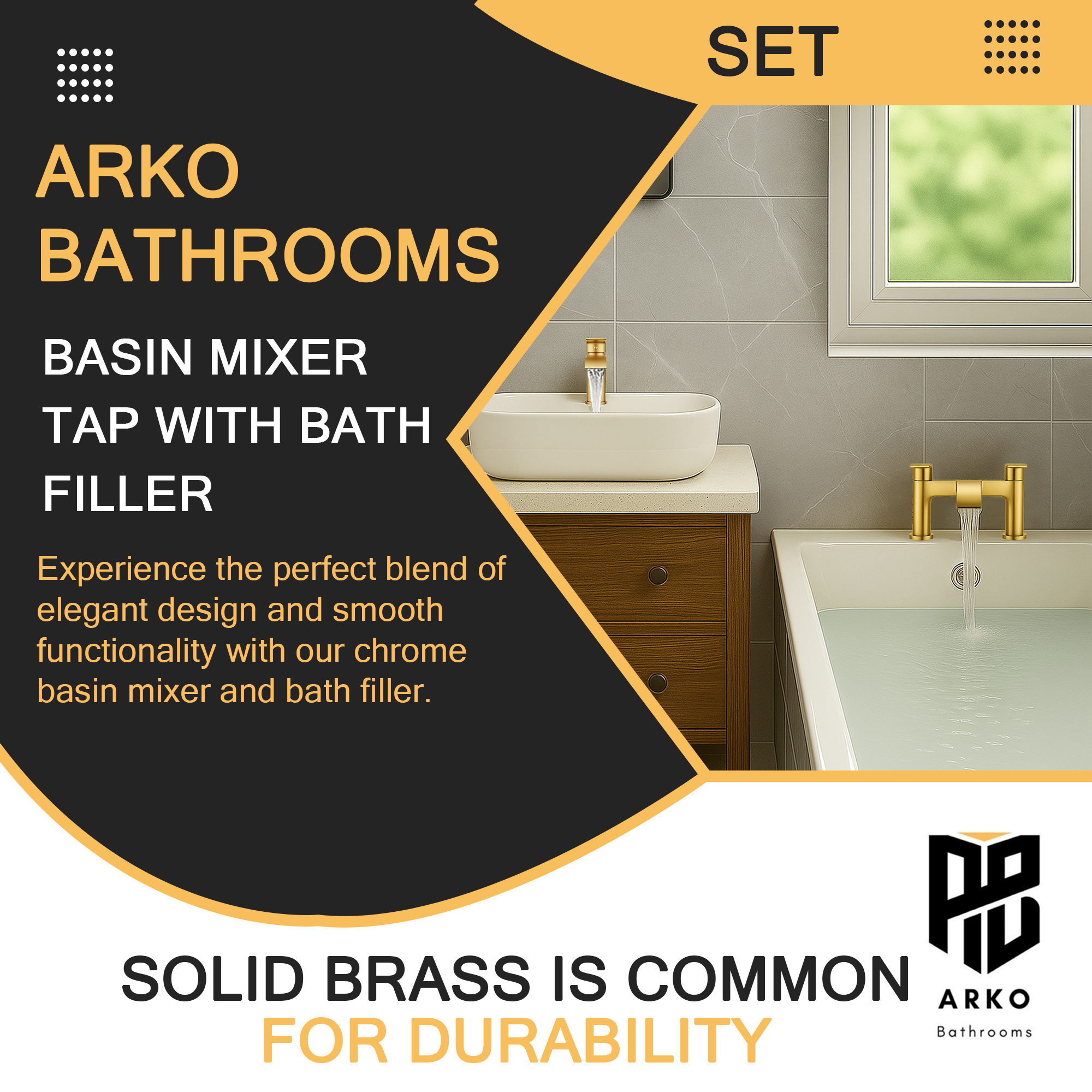 ARKO Capri Brass Bath & Basin Mixer Tap Set – Brass Finish