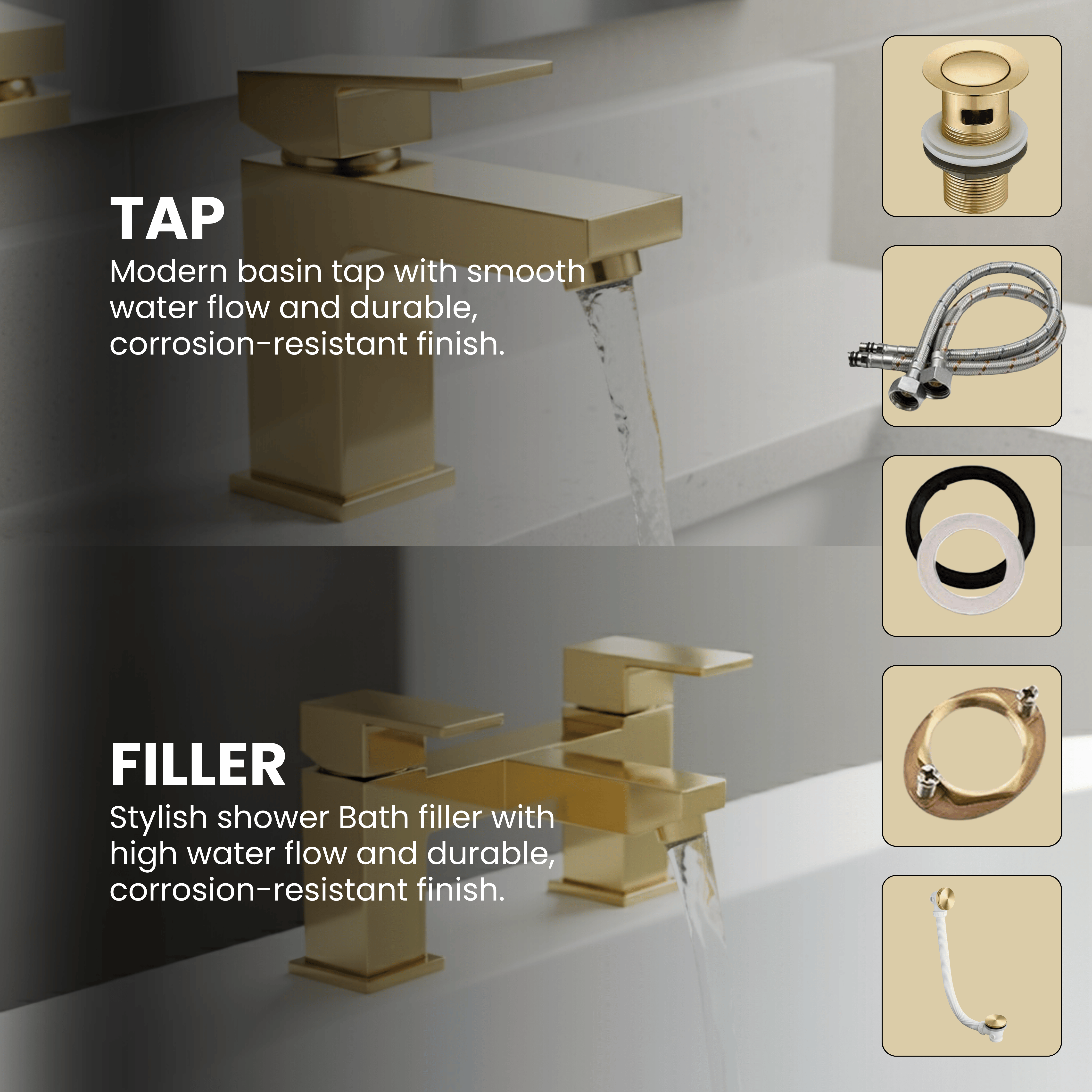 Arko Waterfall Bath and Basin Mixer Tap with Bath Waste Set - Brass