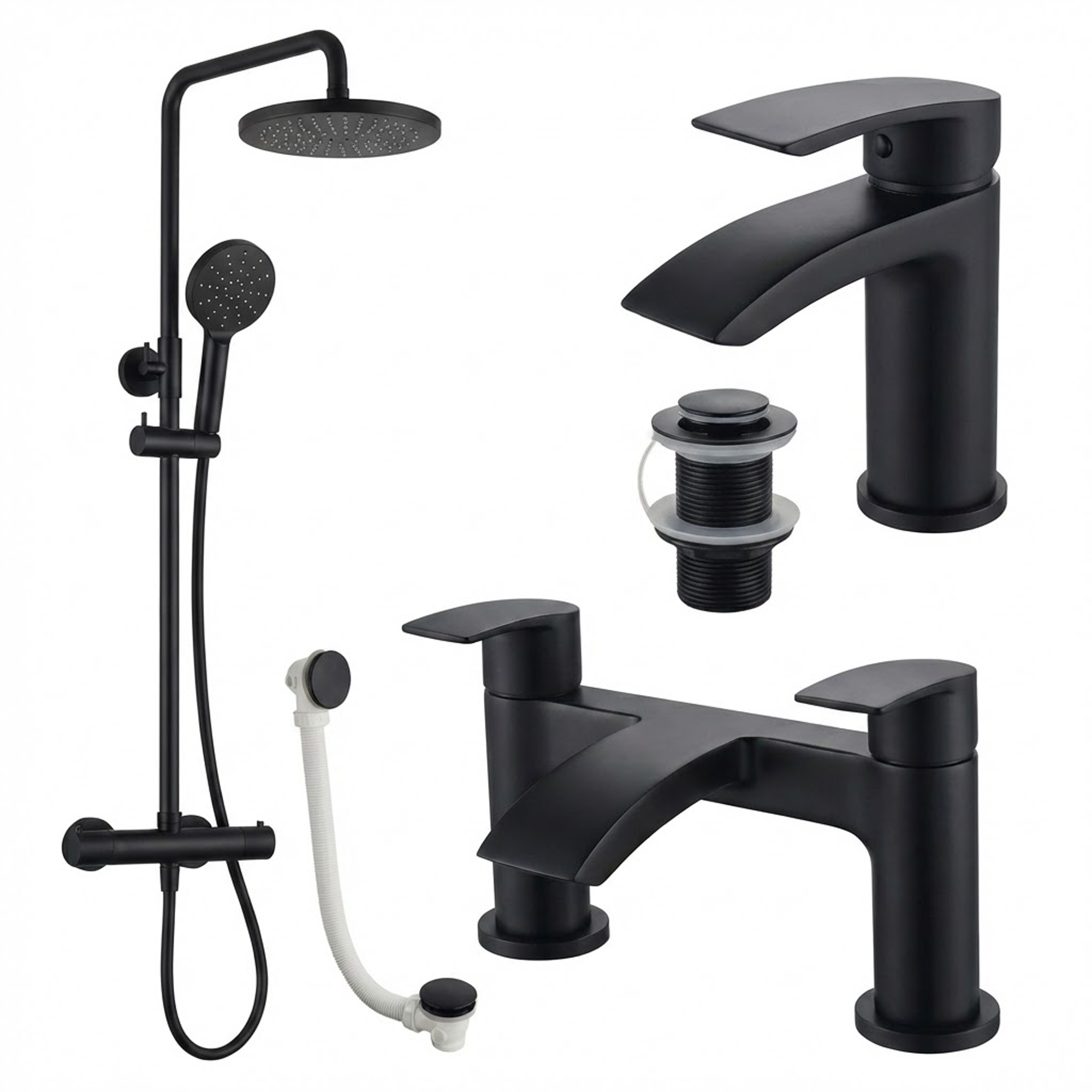 ARKO Capri Basin Mixer Tap, Bath Filler & Thermostatic Mixer Shower Set with Bath Waste – Black