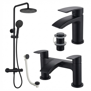ARKO Capri Basin Mixer Tap, Bath Filler & Thermostatic Mixer Shower Set with Bath Waste – Black