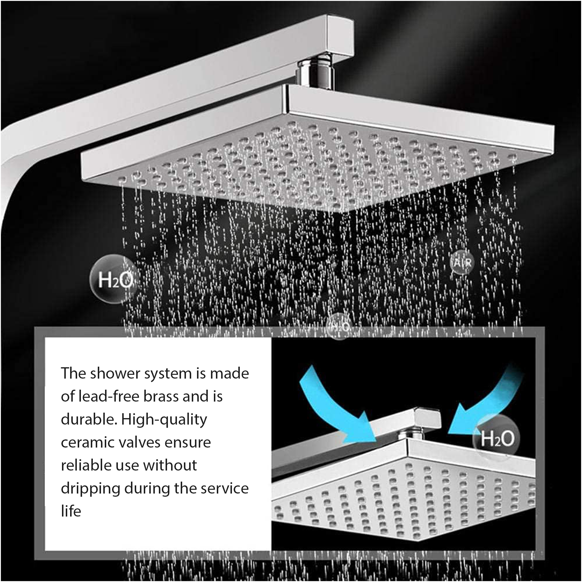 ARKO Bathroom Square Thermostatic Mixer Shower with Riser Rail, Shower Waste & Twin head - Chrome