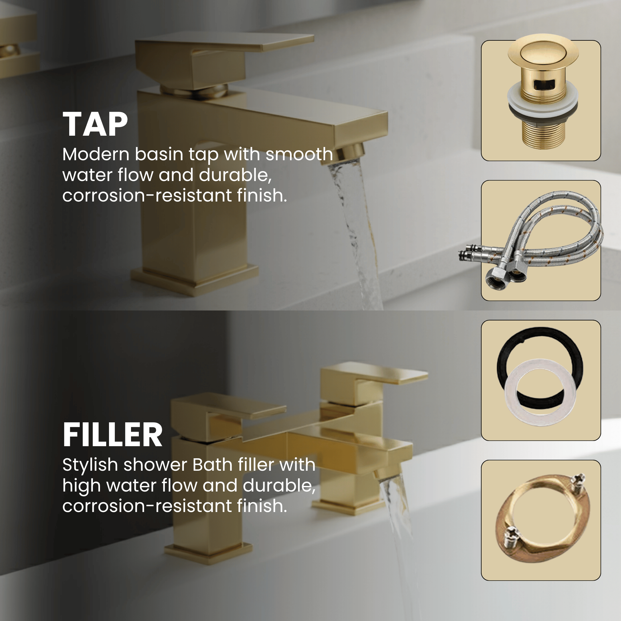 ARKO Verda Brass Bath & Basin Mixer Tap Set – BRASS