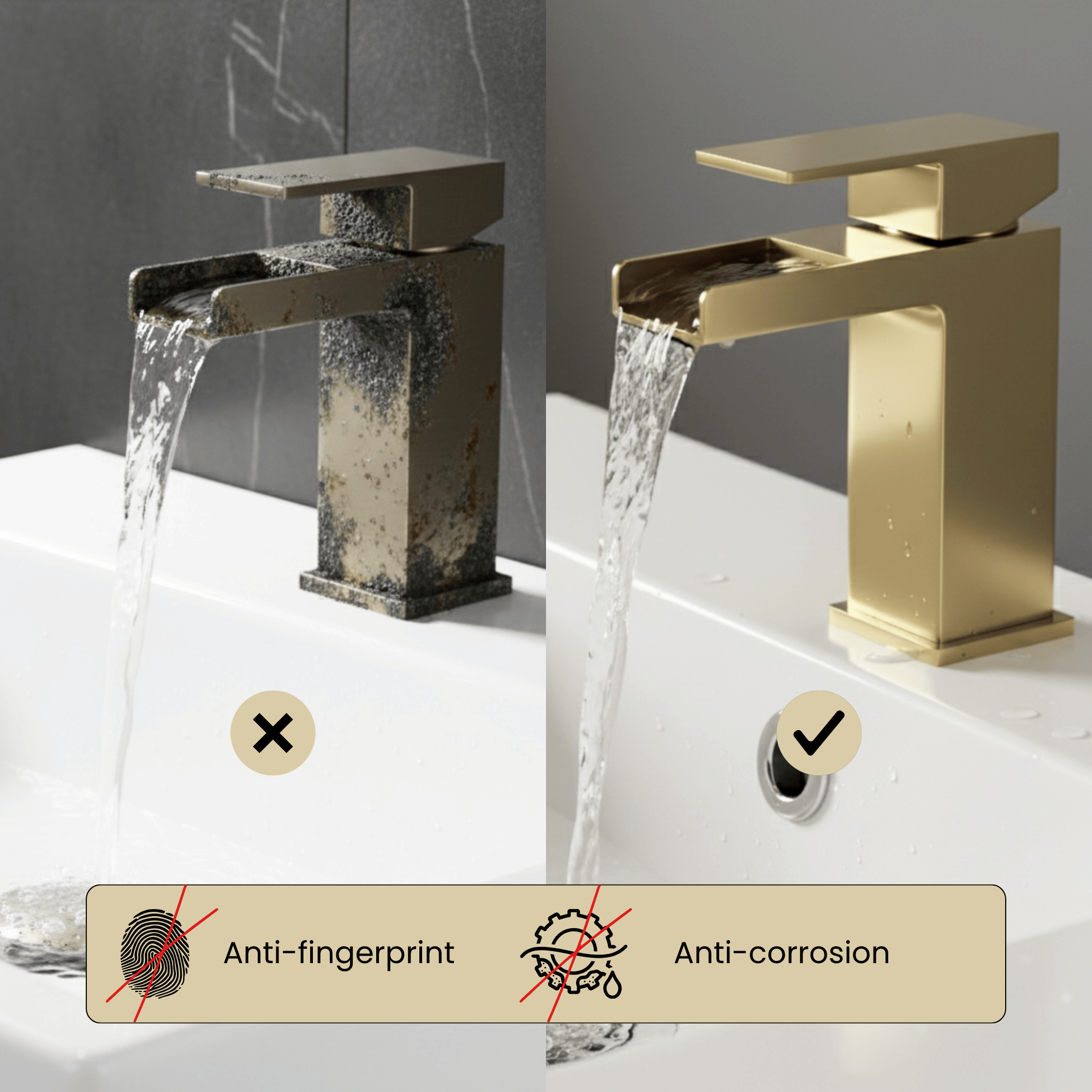 ARKO Waterfall Basin Mixer Tap, Bath Filler & Thermostatic Mixer Shower Set with Bath Waste – Brass