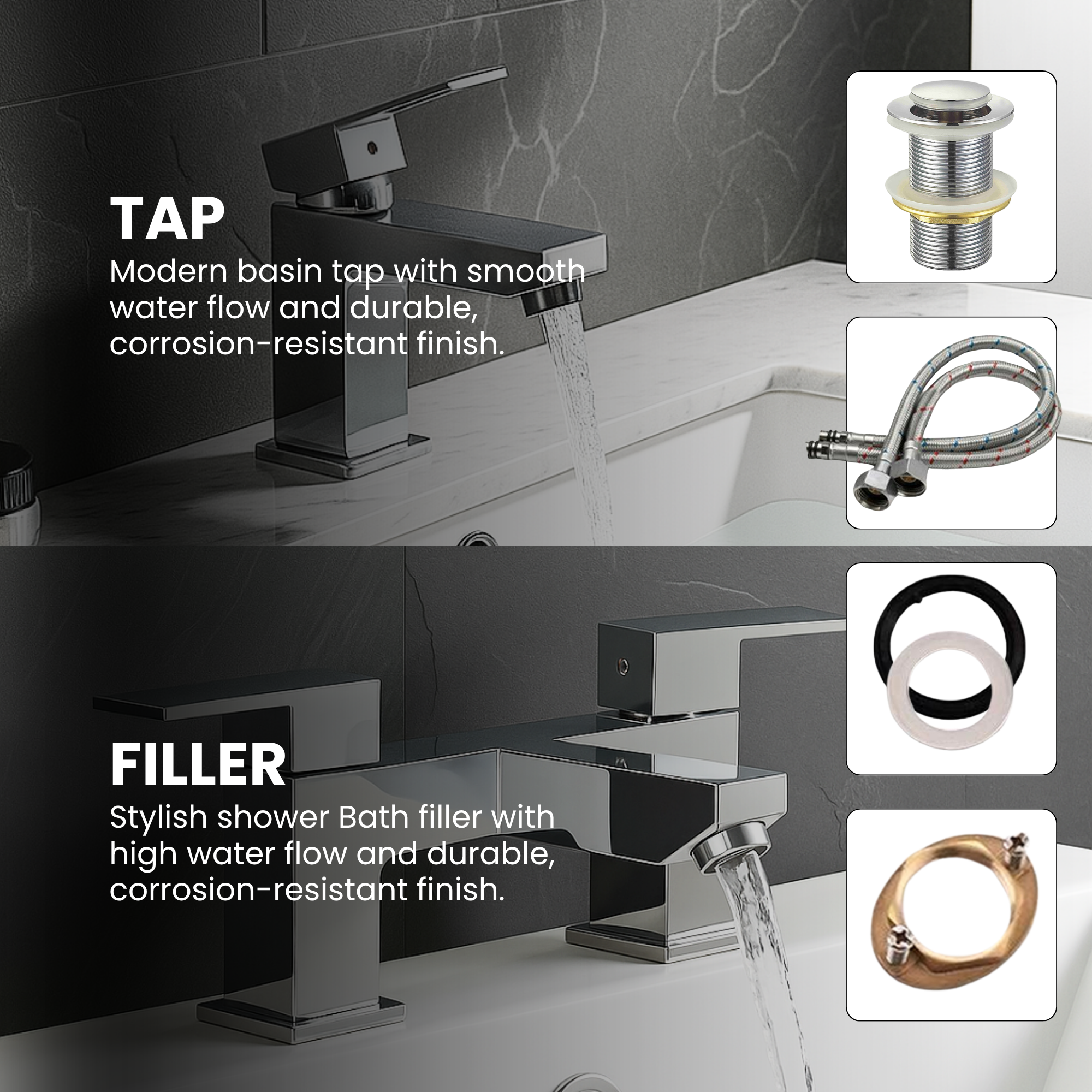 ARKO Verda Brass Bath & Basin Mixer Tap Set – Chrome