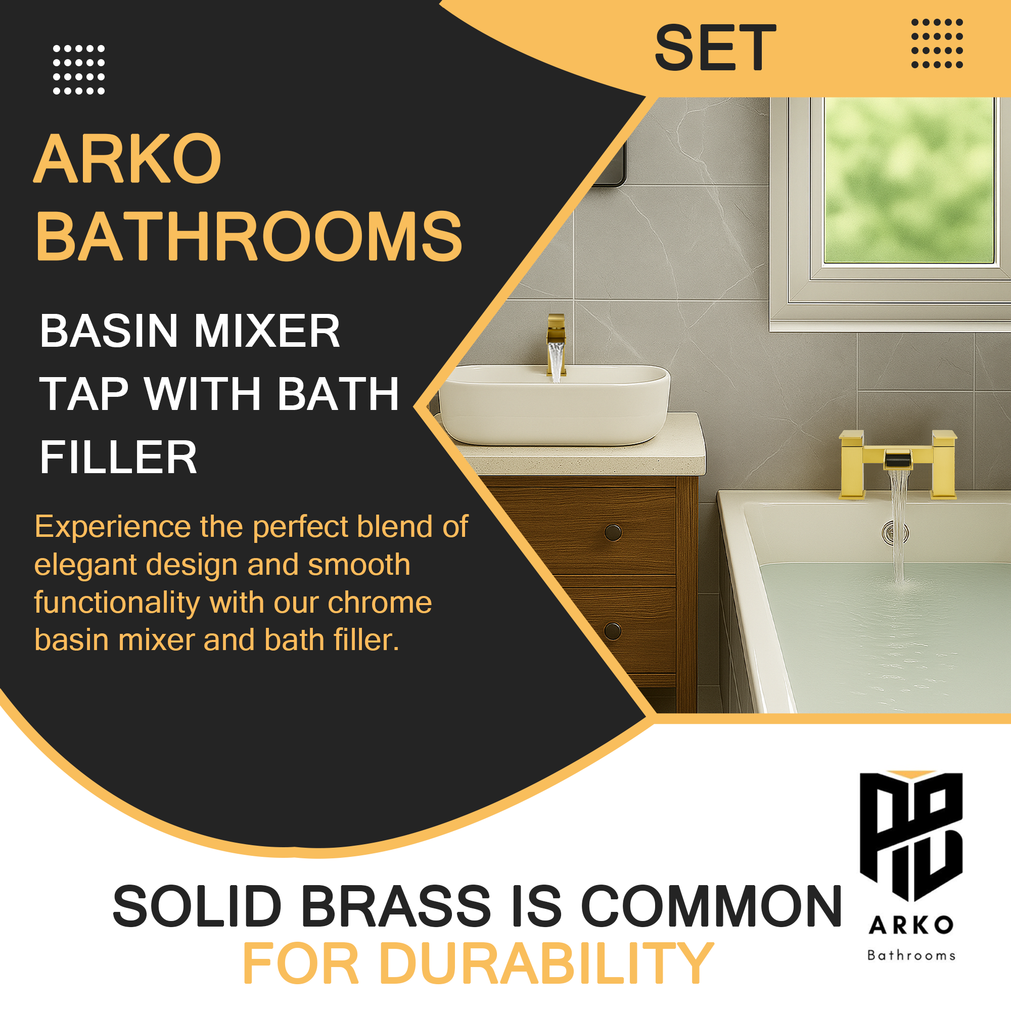 ARKO Waterfall Bath & Basin Mixer Tap Set – Brass Finish