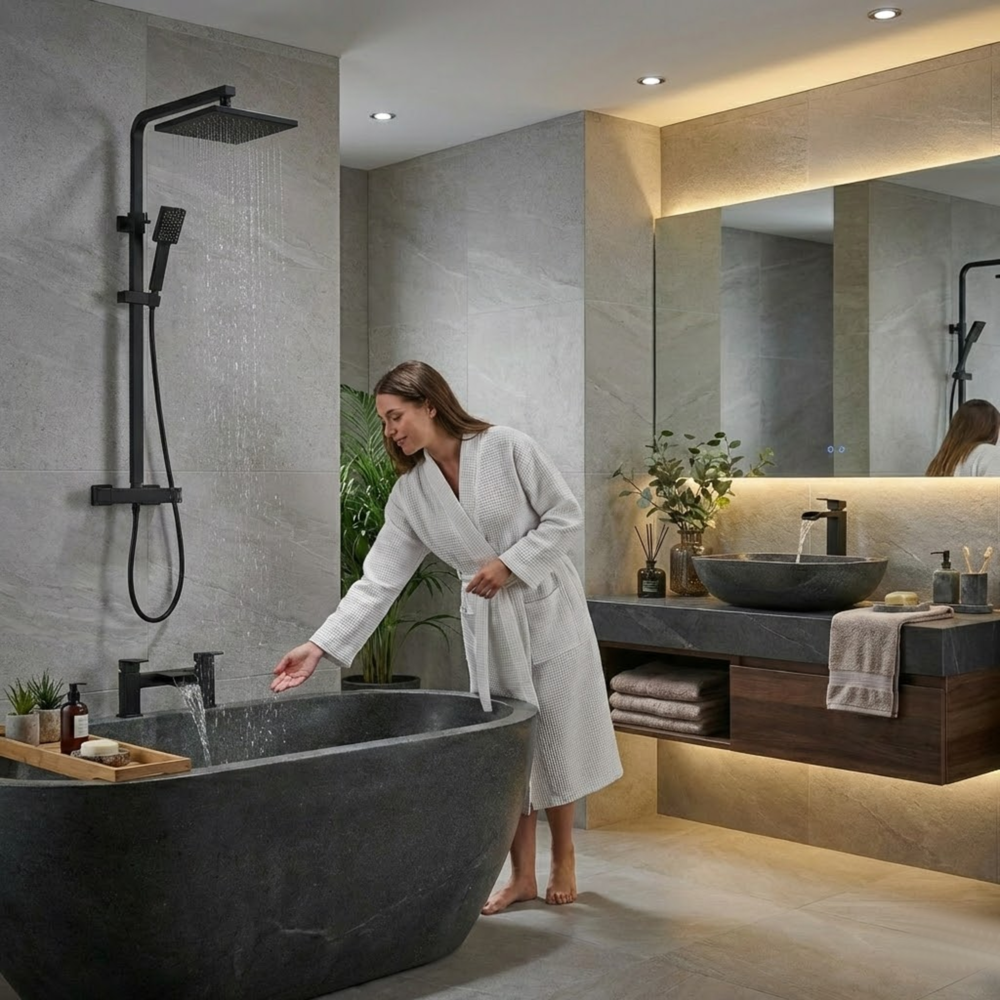 ARKO Waterfall Basin Mixer Tap, Bath Filler & Thermostatic Mixer Shower Set with Bath Waste – Black