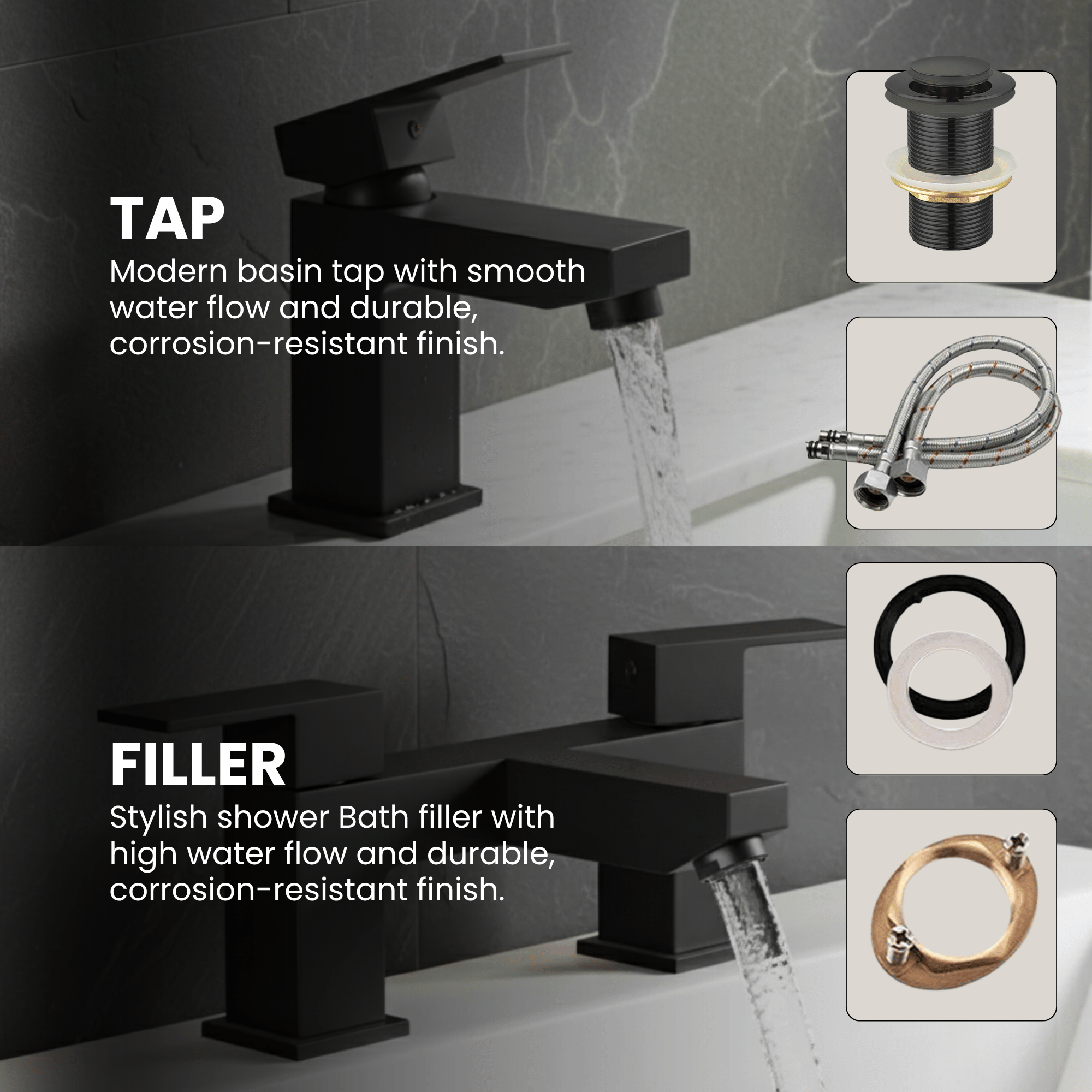 ARKO Verda Brass Bath & Basin Mixer Tap Set – Black