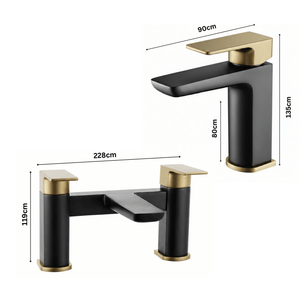 ARKO Bath and Basin Tap Set Waterfall Mixer Taps with Pop-Up Waste – Black & Brass