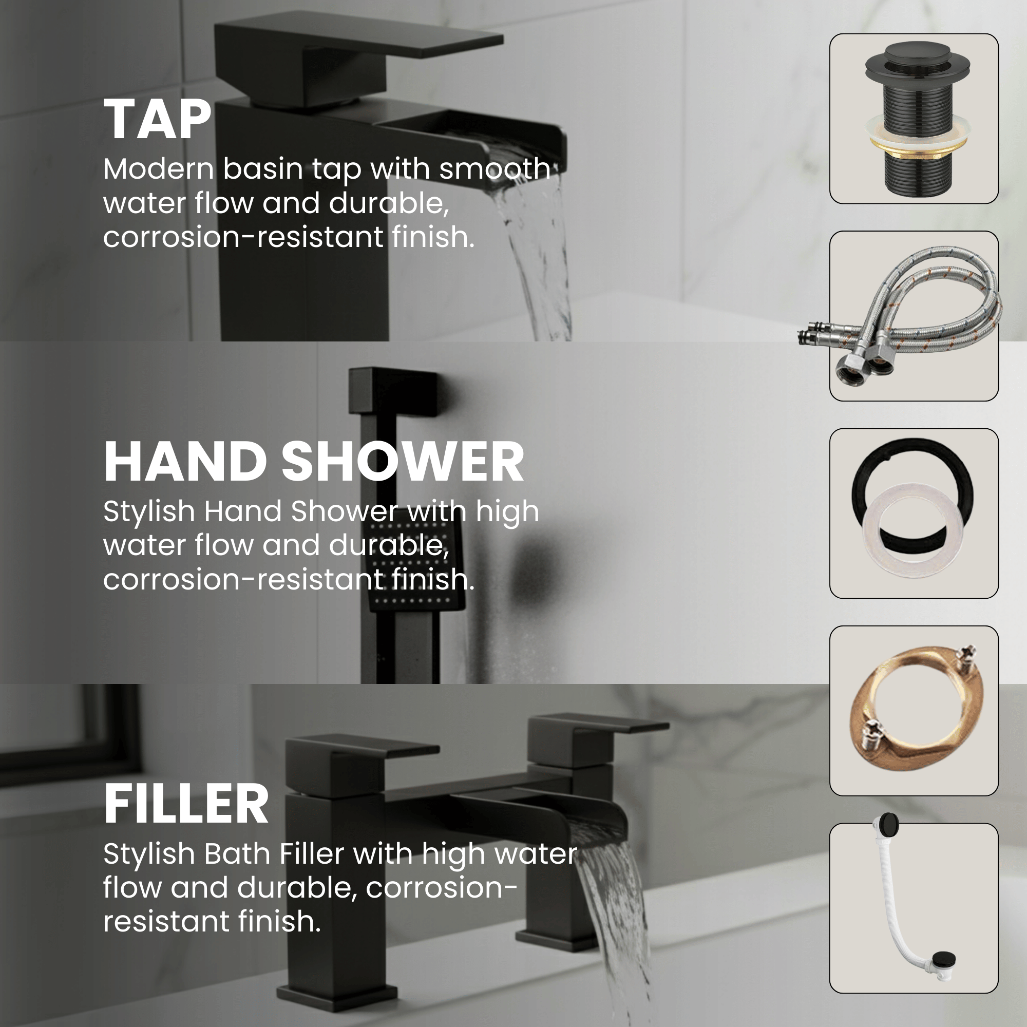 ARKO Waterfall Basin Mixer Tap, Bath Filler & Handheld Shower Set with Bath Waste – Black