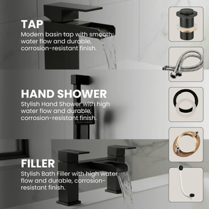 ARKO Waterfall Basin Mixer Tap, Bath Filler & Handheld Shower Set with Bath Waste – Black