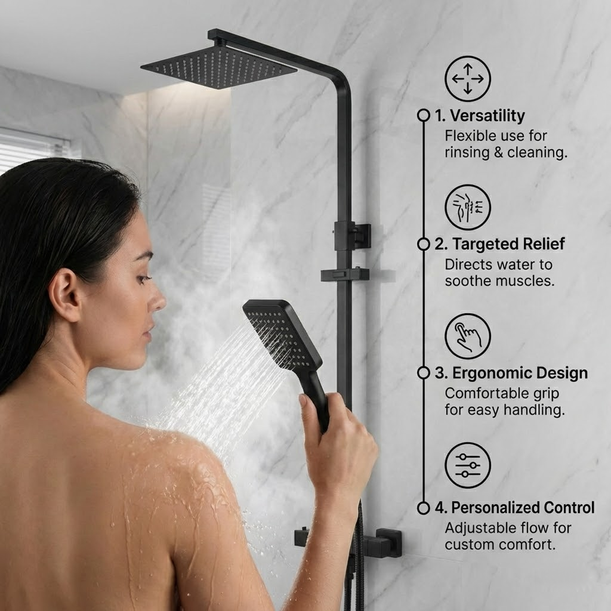 Arko Modern Square Thermostatic Shower  with Filler – Matte Black