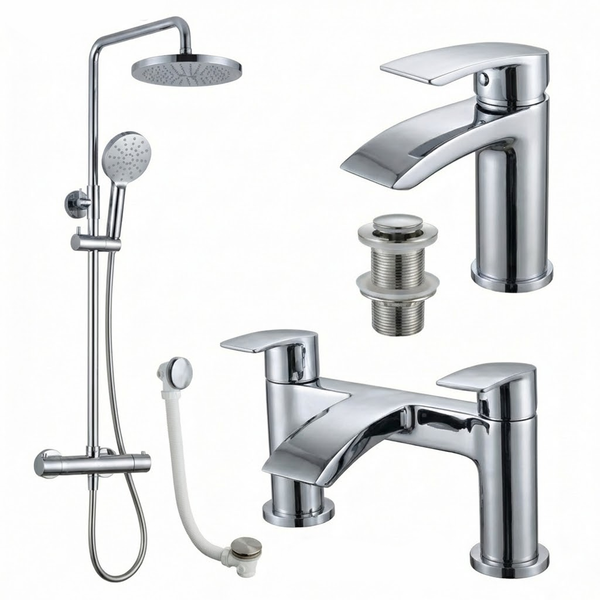 ARKO Capri Basin Mixer Tap, Bath Filler & Thermostatic Mixer Shower Set with Bath Waste – Chrome