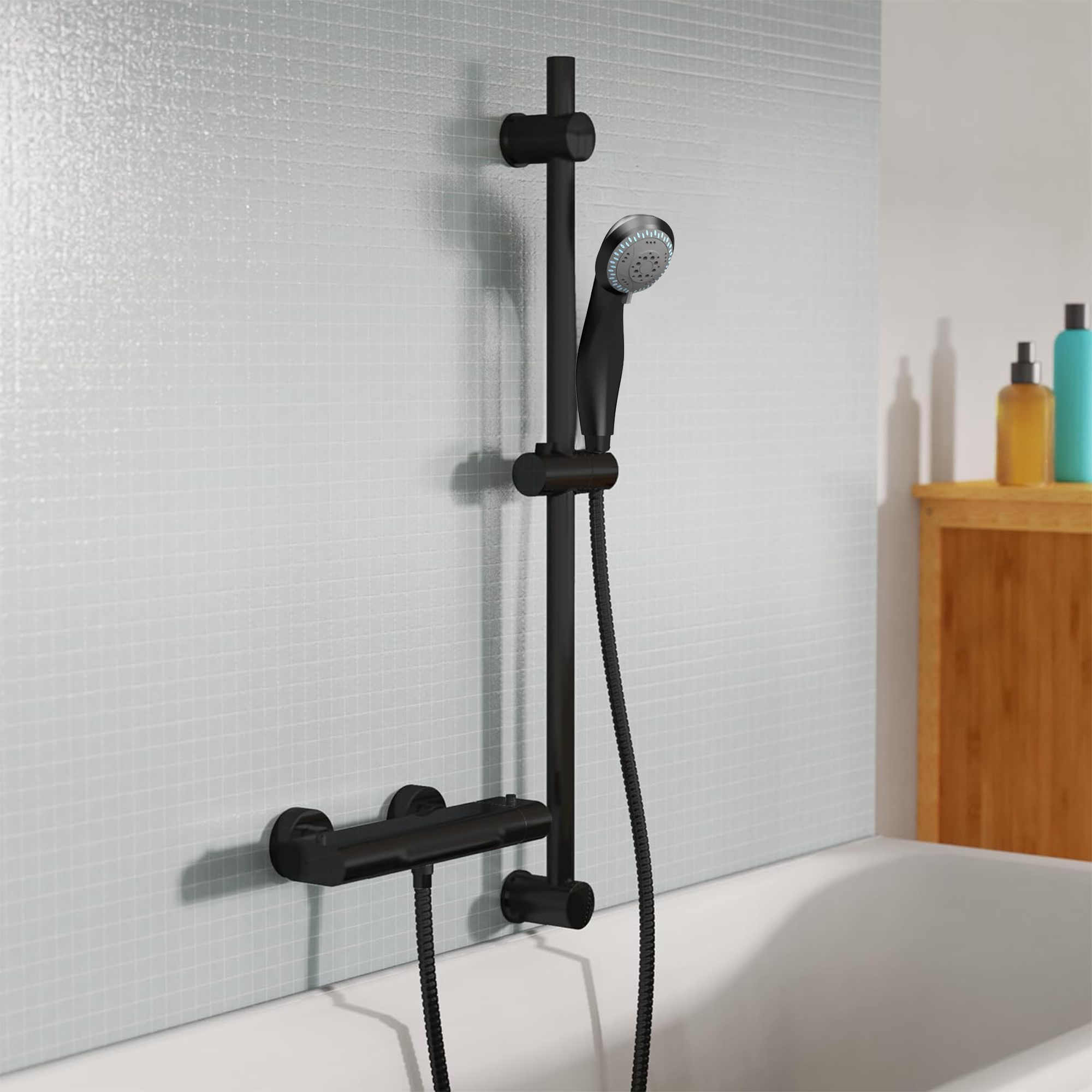 Arko Thermostatic Shower Mixer with Adjustable Riser Kit Exposed Round Shower – Black