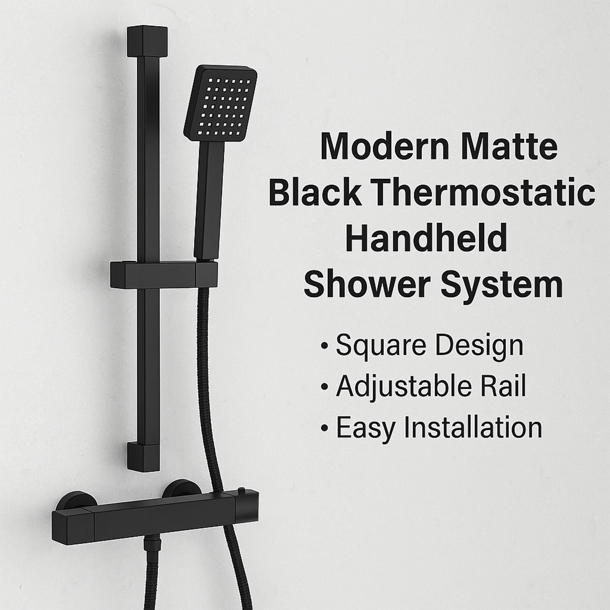 Arko Thermostatic Shower Mixer with Adjustable Riser Kit Exposed Square Shower –Black
