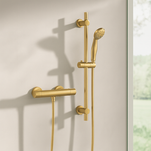Arko Thermostatic Shower Mixer with Adjustable Riser Kit Exposed Round Shower – Brass