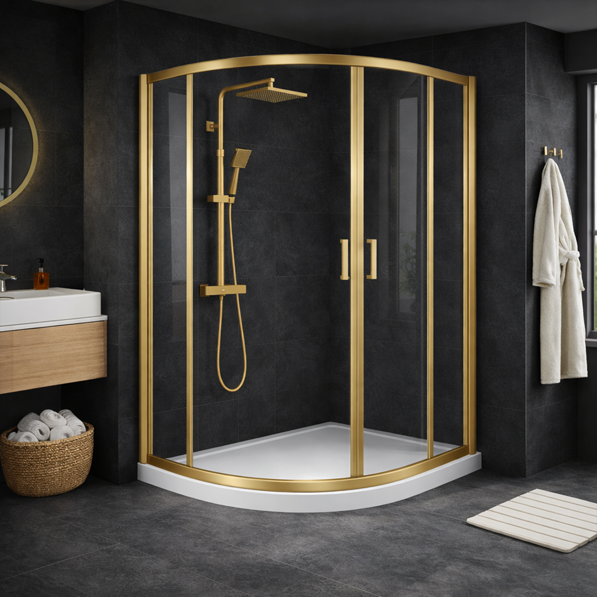 ARKO Square Rainfall Shower System with Handheld Spray & Curved Glass Sliding Shower Enclosure with Tray - Brass