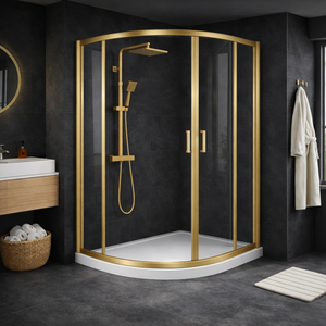 ARKO Square Rainfall Shower System with Handheld Spray & Curved Glass Sliding Shower Enclosure with Tray - Brass
