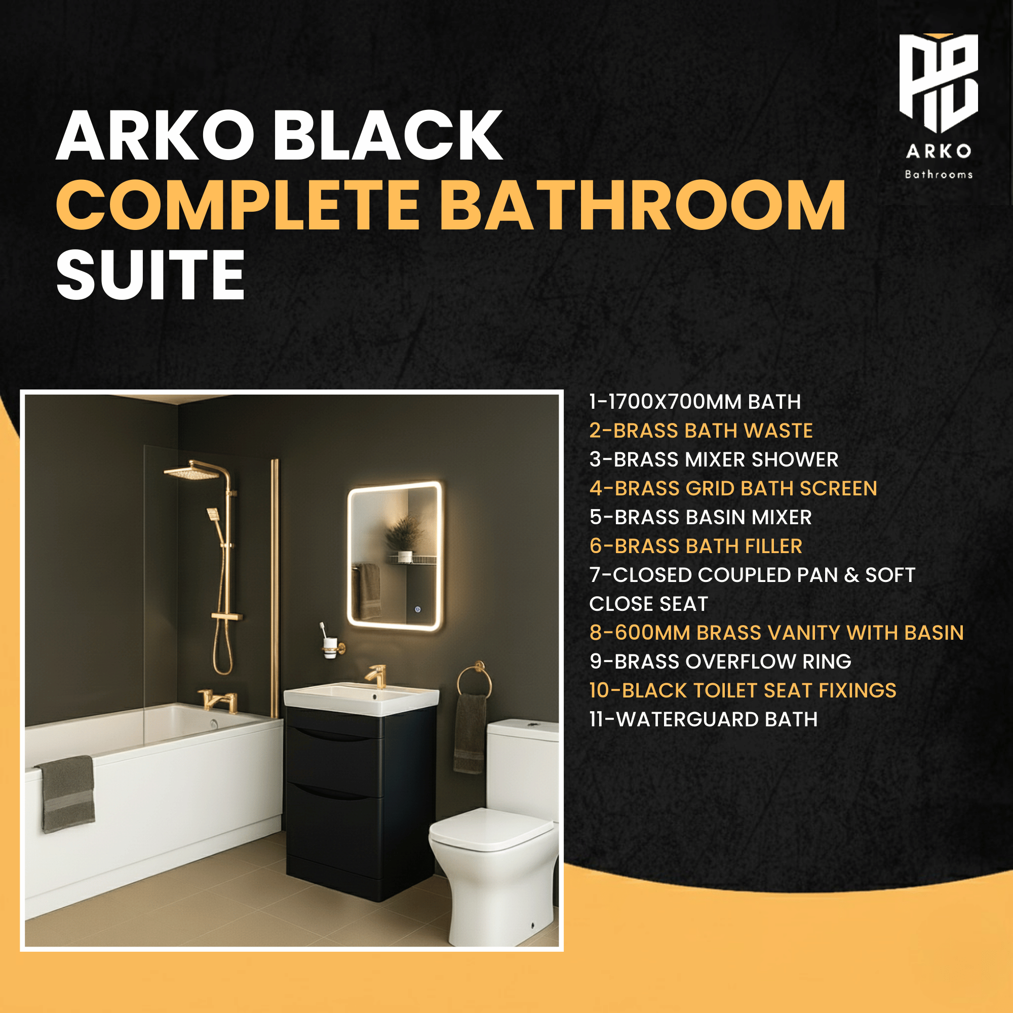 Arko Vista Complete Bathroom Suite -  Brass