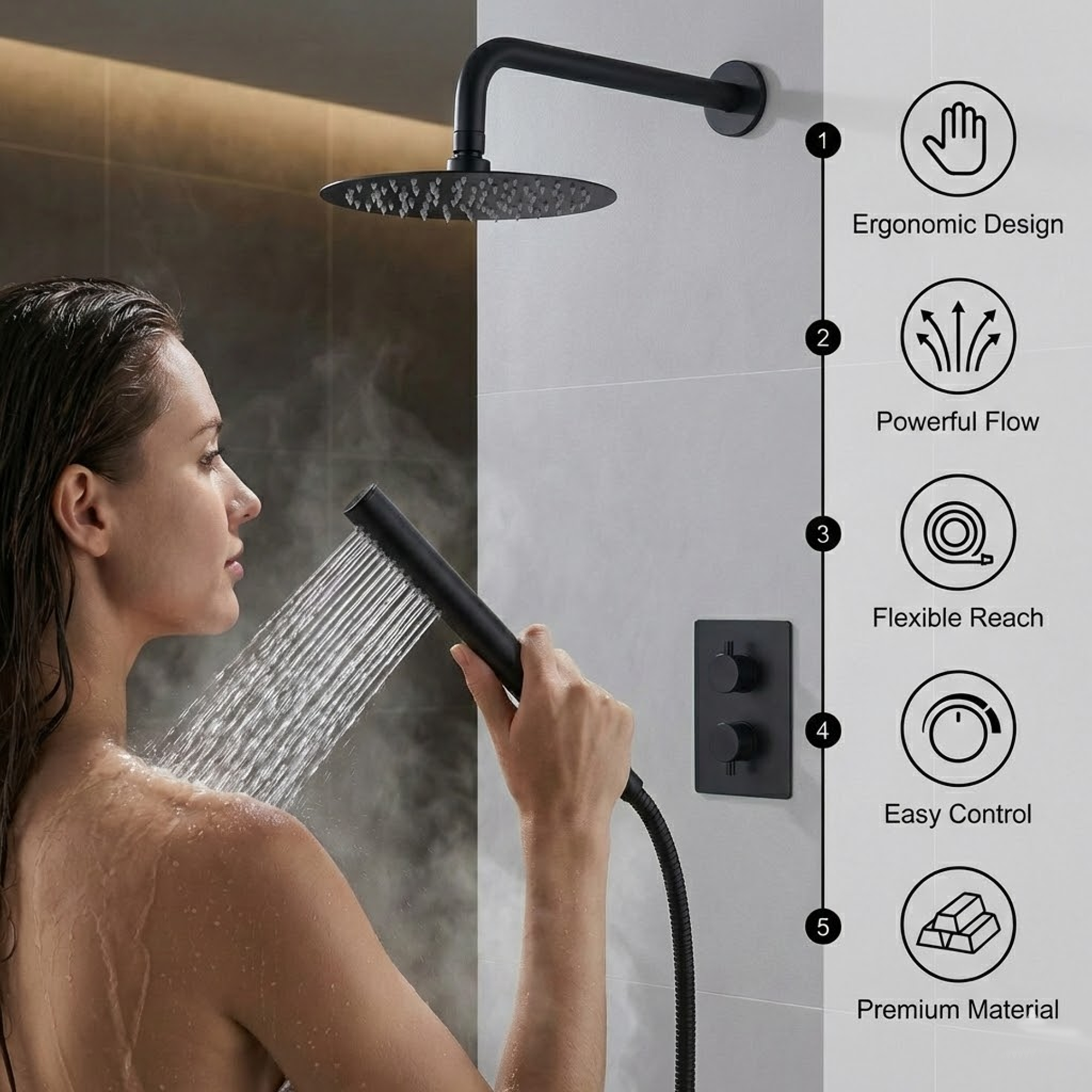 Black Round Concealed Thermostatic Shower Pack with Head + Handset