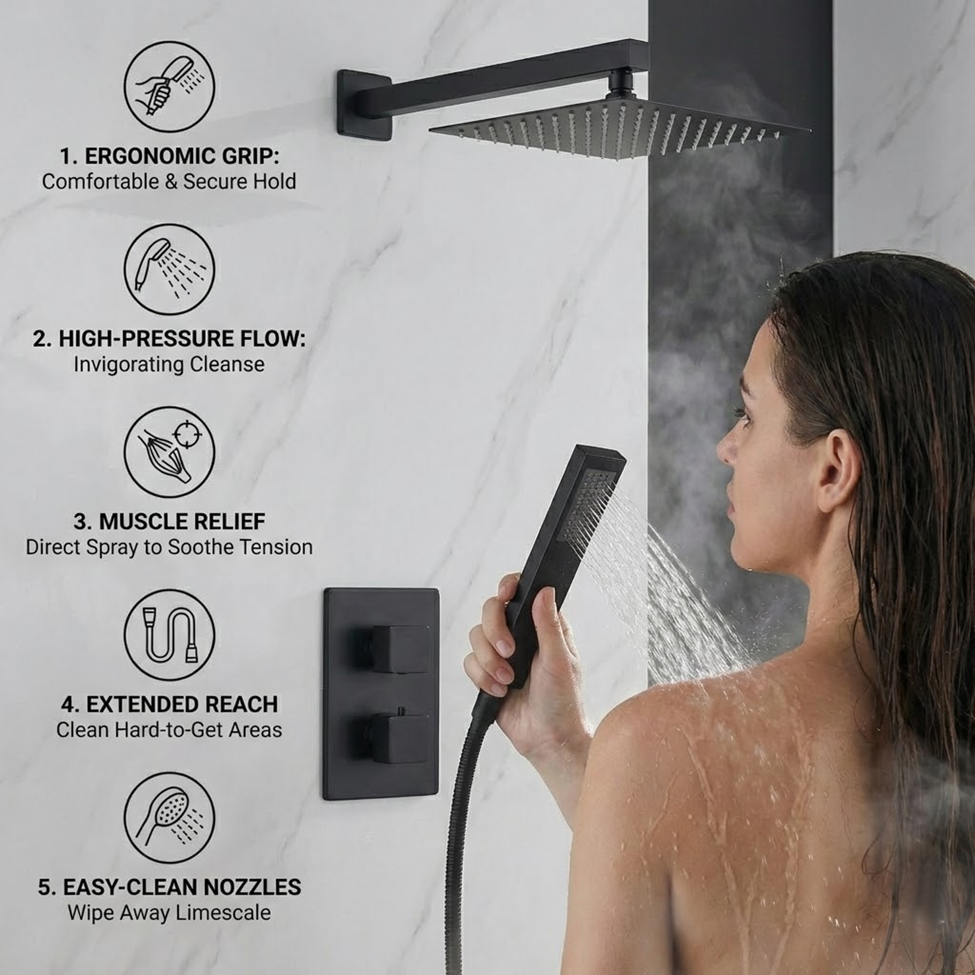 ARKO 2-Way Square Concealed Thermostatic Mixer Shower Dual Dial, Twin Head – Black