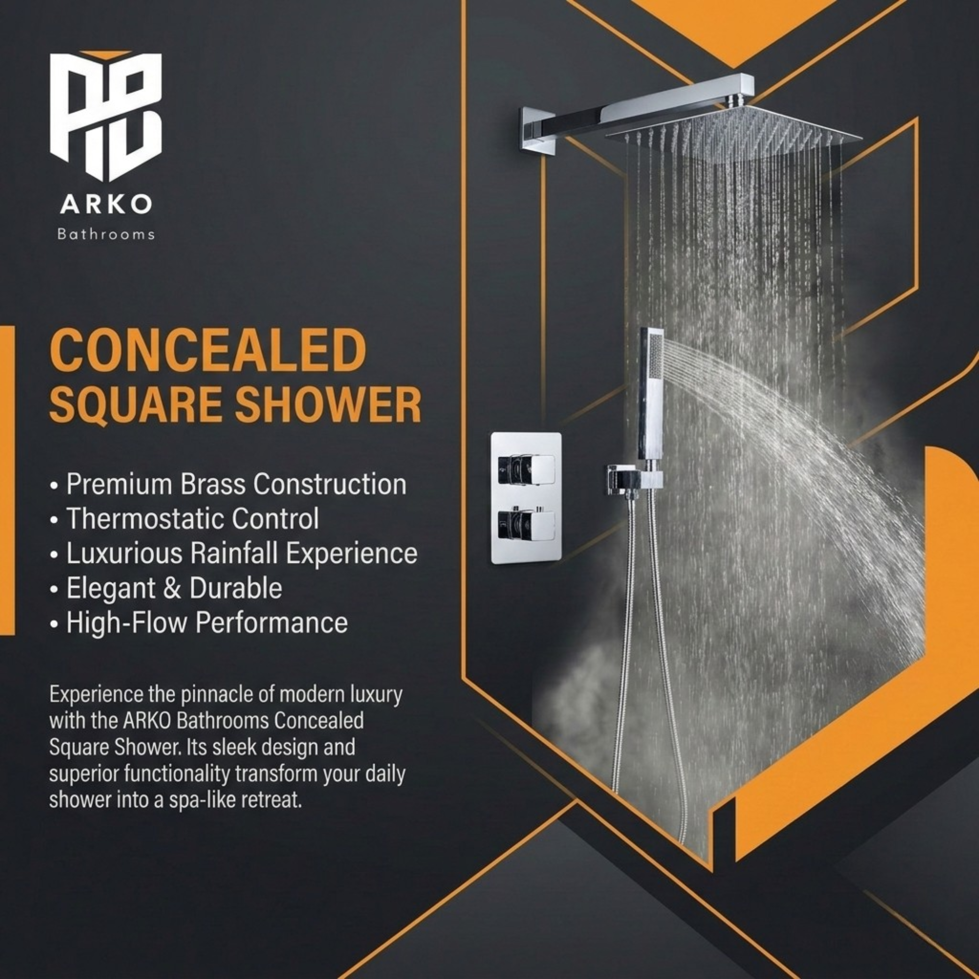 ARKO 2-Way Square Concealed Thermostatic Mixer Shower Dual Dial, Twin Head – Chrome