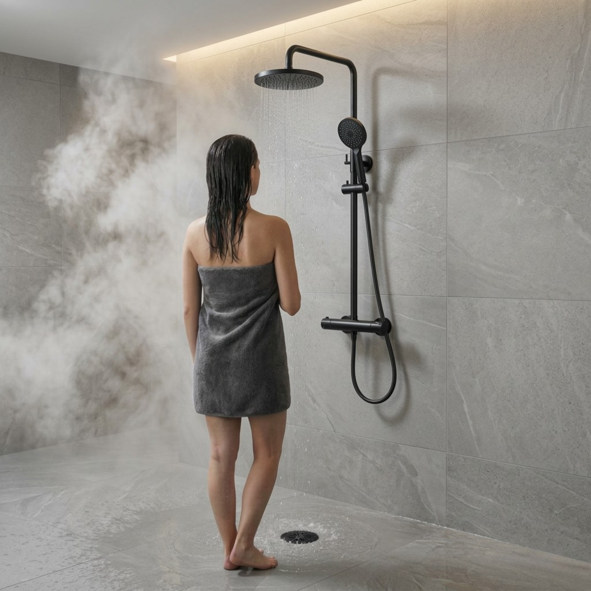 ARKO Bathroom Round Thermostatic Mixer Shower with Riser Rail, Shower Waste & Twin head - Chrome