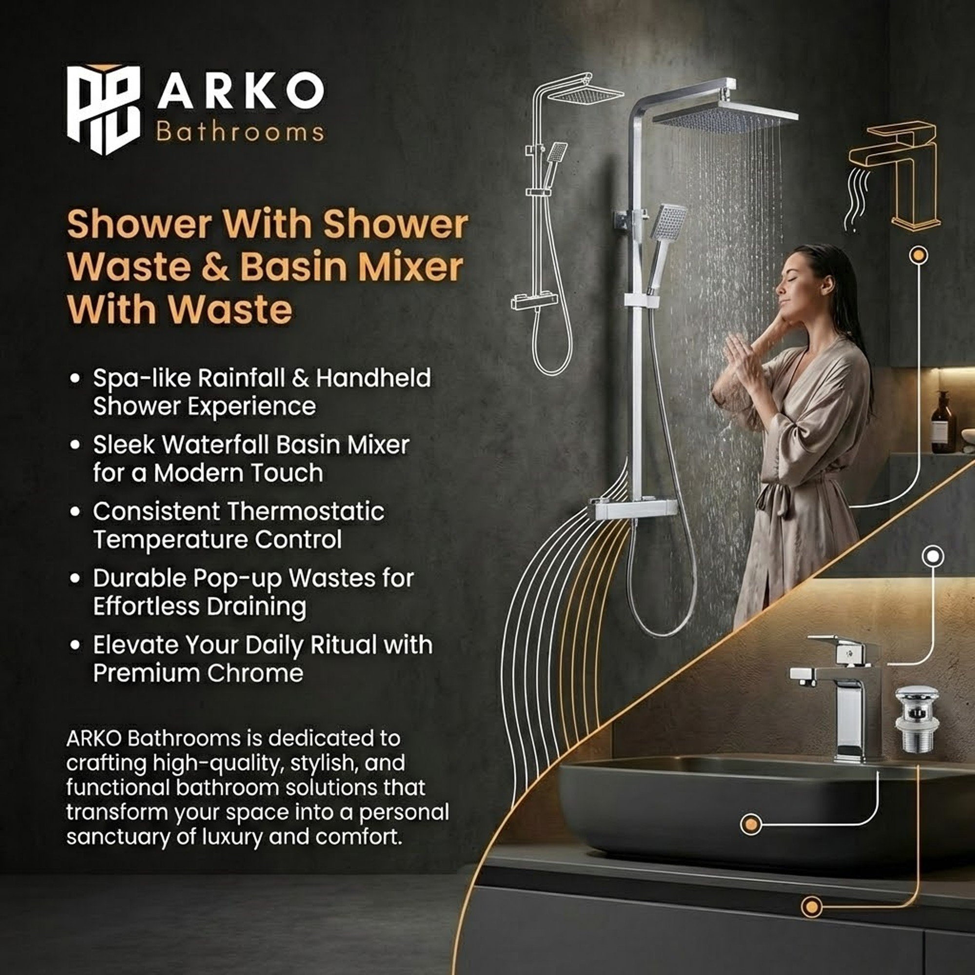 Arko Bathroom Waterfall Mixer Shower & Basin Mixer Tap Sets with Bath Shower Waste – Chrome