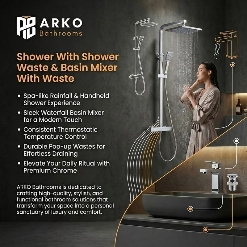 Arko Bathroom Waterfall Mixer Shower & Basin Mixer Tap Sets with Bath Shower Waste – Chrome