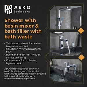 ARKO Vista Basin Mixer Tap, Bath Filler & Thermostatic Mixer Shower Set with Bath Waste – Chrome