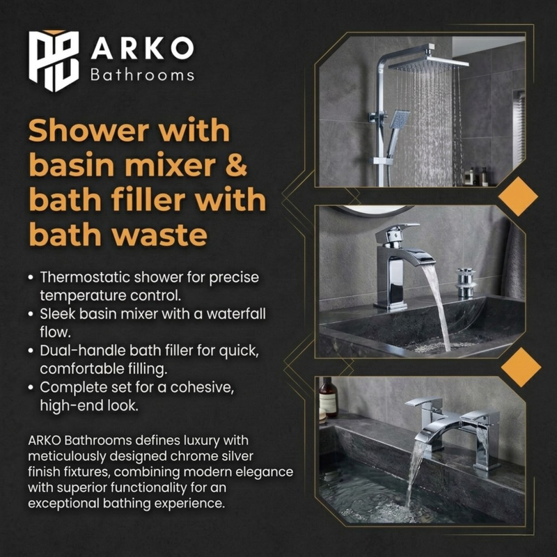 ARKO Vista Basin Mixer Tap, Bath Filler & Thermostatic Mixer Shower Set with Bath Waste – Chrome