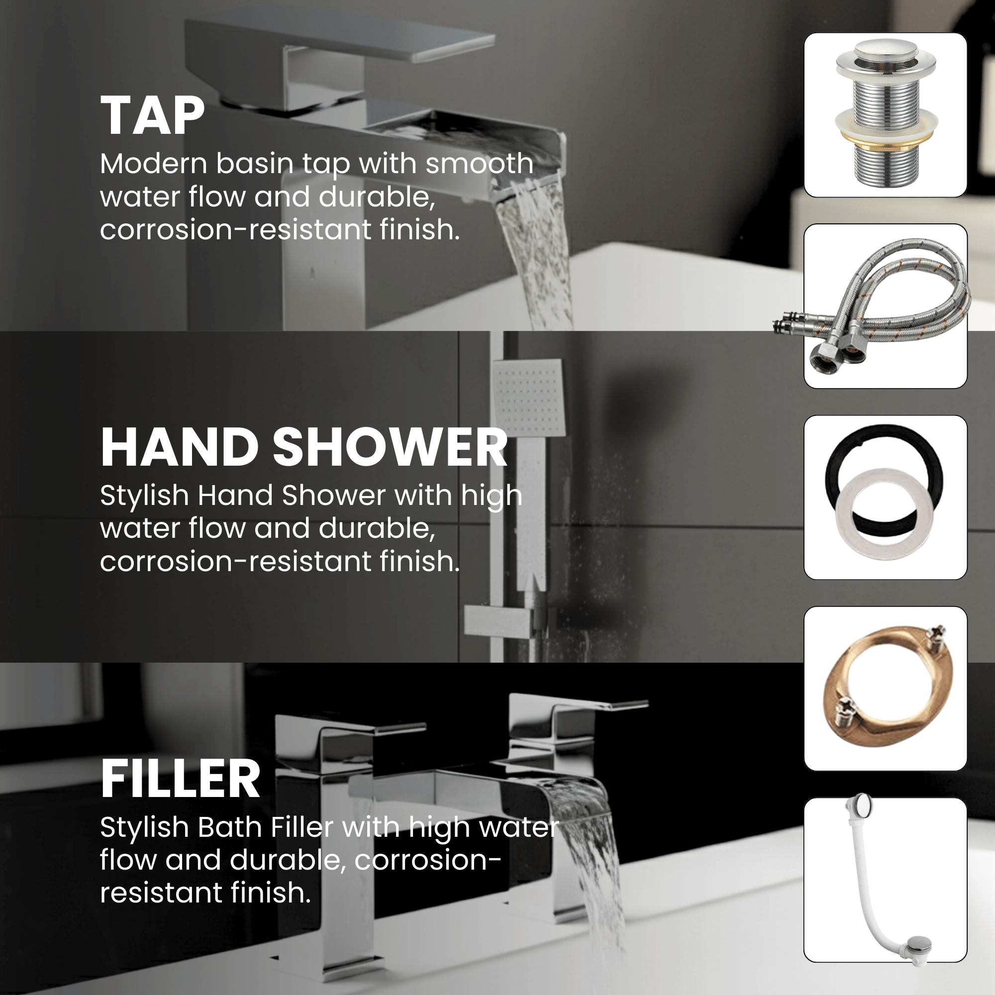 ARKO Waterfall Basin Mixer Tap, Bath Filler & Handheld Shower Set with Bath Waste – Chrome