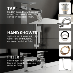 ARKO Waterfall Basin Mixer Tap, Bath Filler & Handheld Shower Set with Bath Waste – Chrome