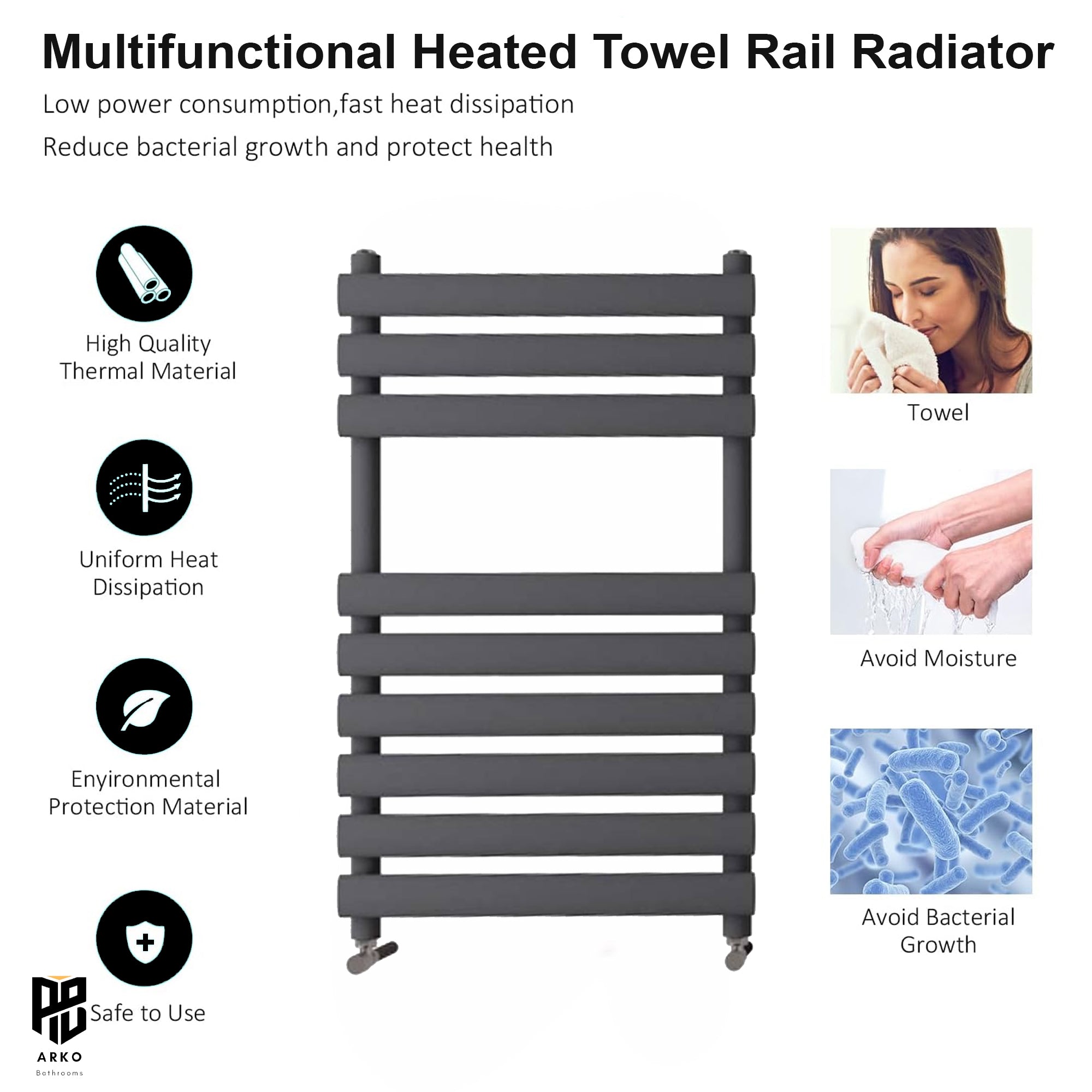 Arko Heated Towel Rail – 500 x 800mm – Straight Bars – Black