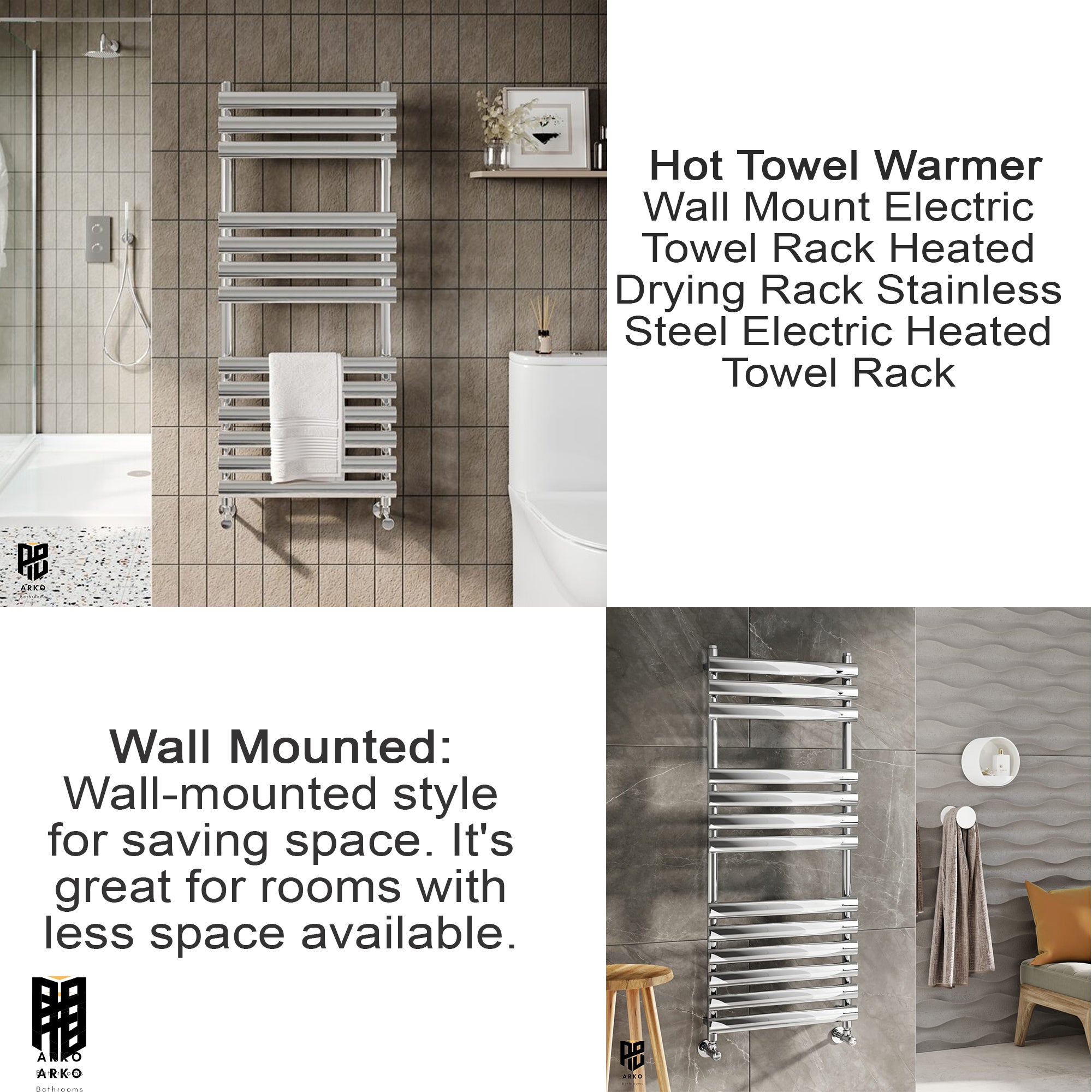 Arko Heated Towel Rail – 500 x 1200mm – Straight Bars – Chrome