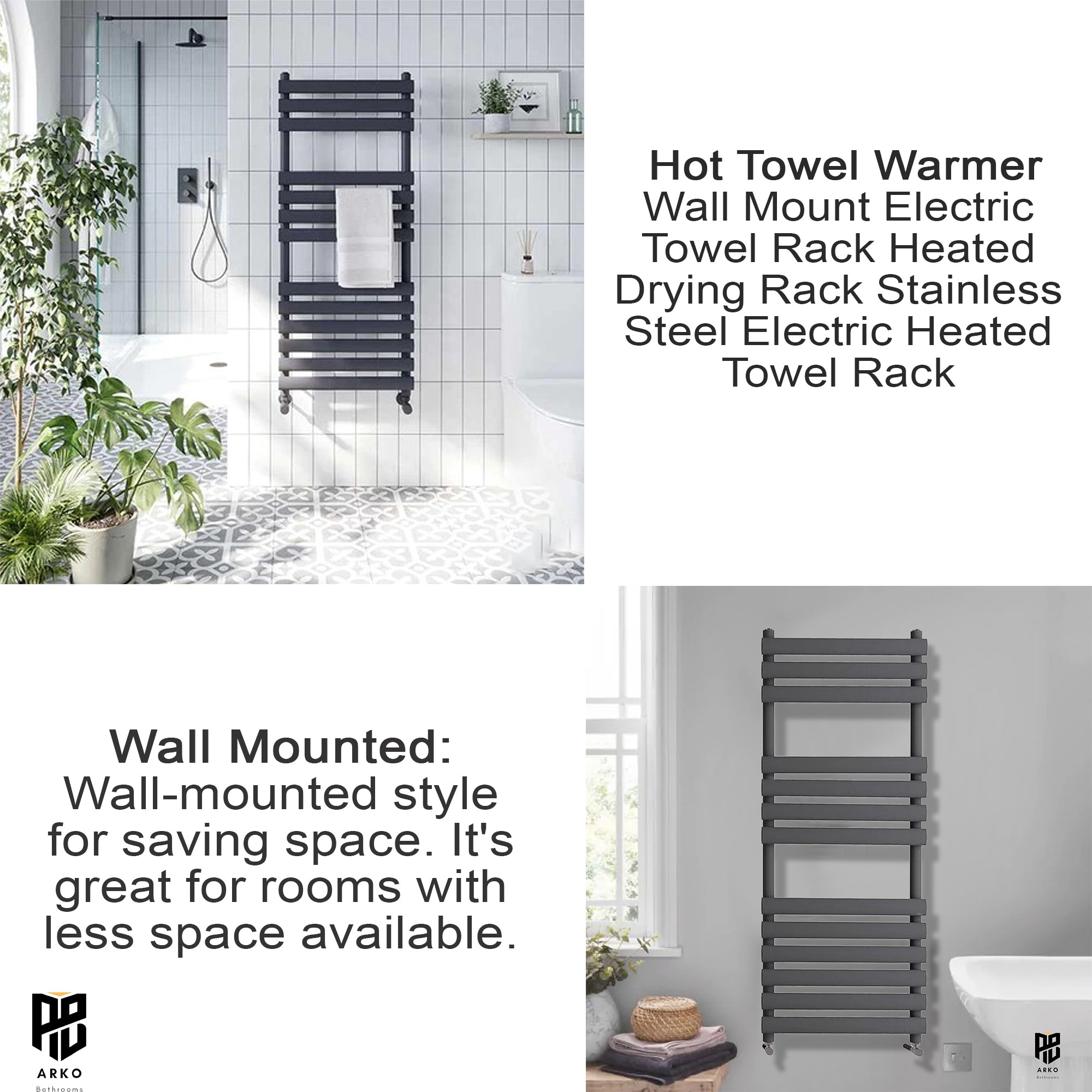 Arko Heated Towel Rail – Matt Black – 500 x 1200mm – Straight Bars