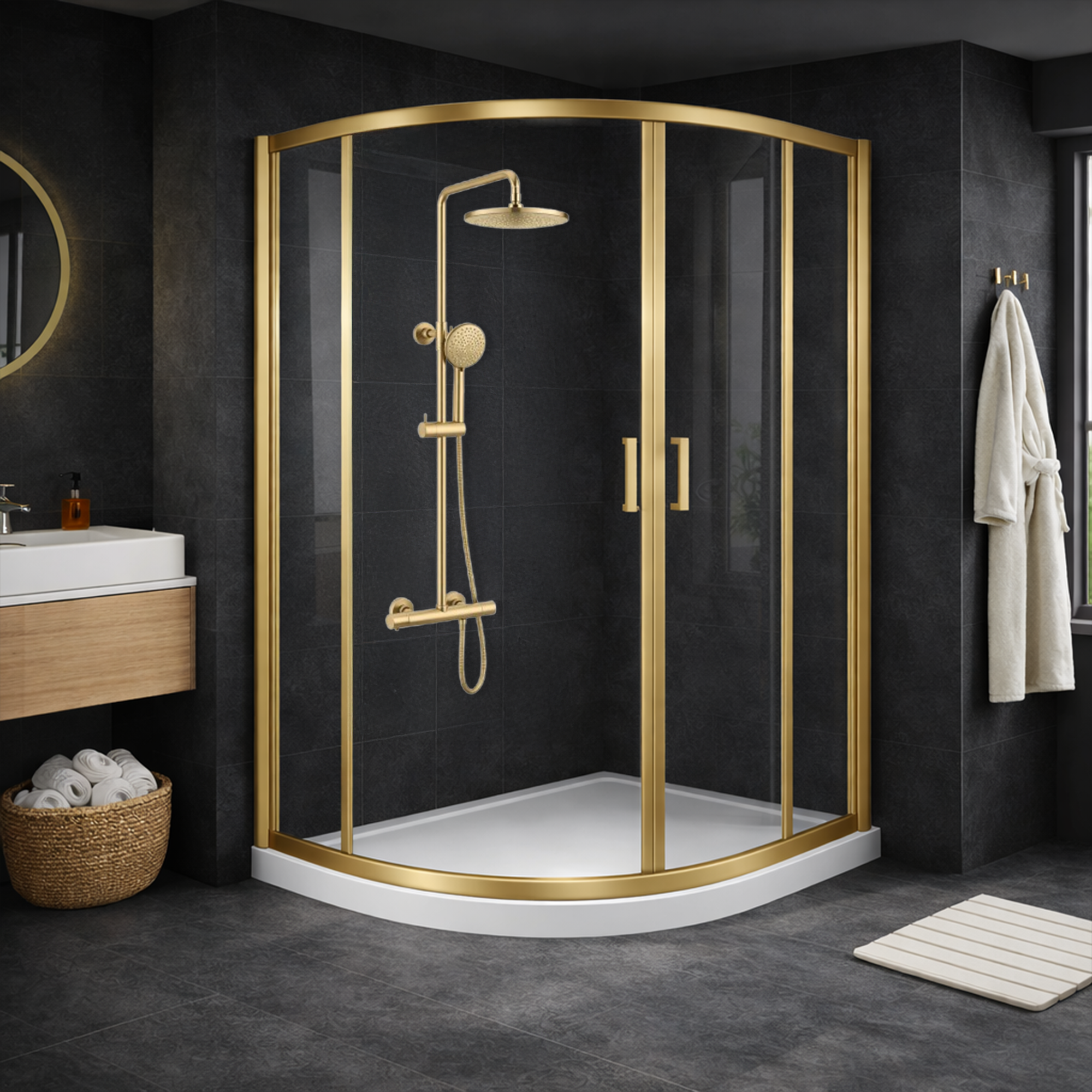 ARKO Round Rainfall Shower System with Handheld Spray & Curved Glass Sliding Shower Enclosure with Tray & Waste - Brass