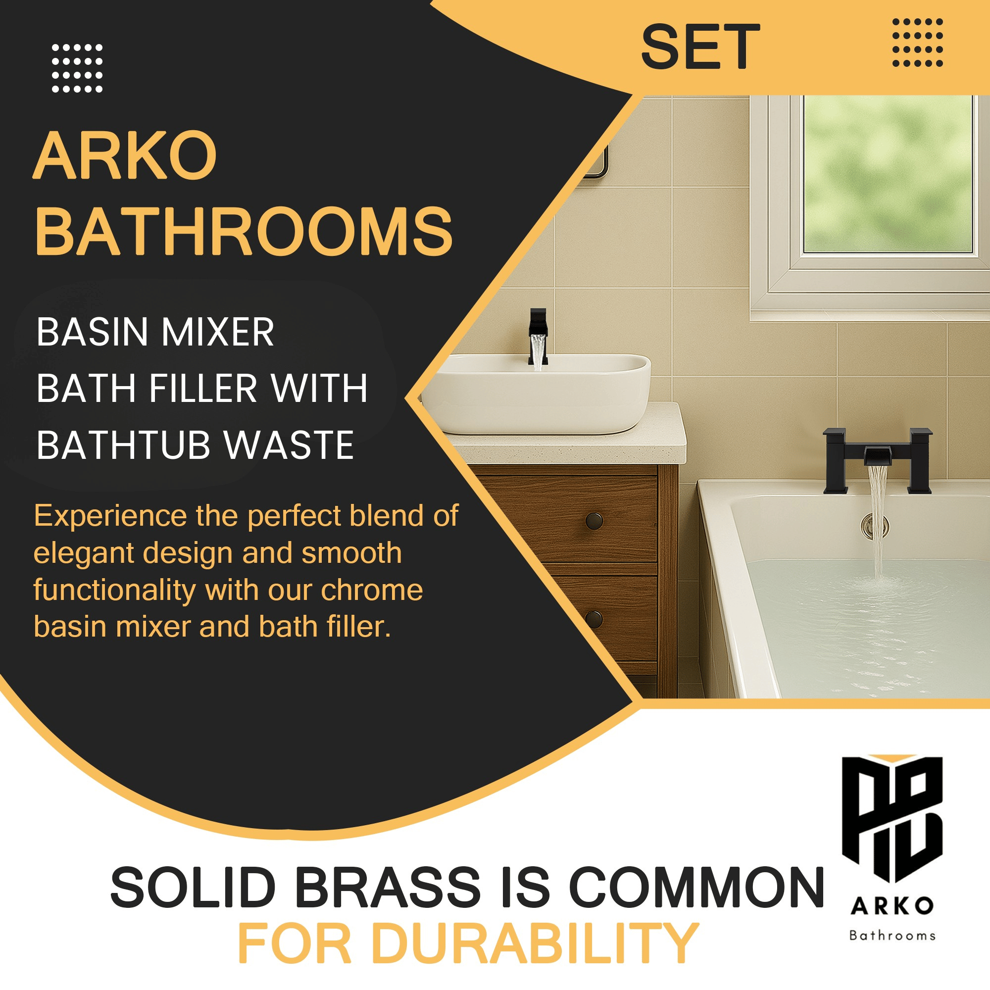 Arko Waterfall Bath and Basin Mixer Tap with Bath Waste Set -Black