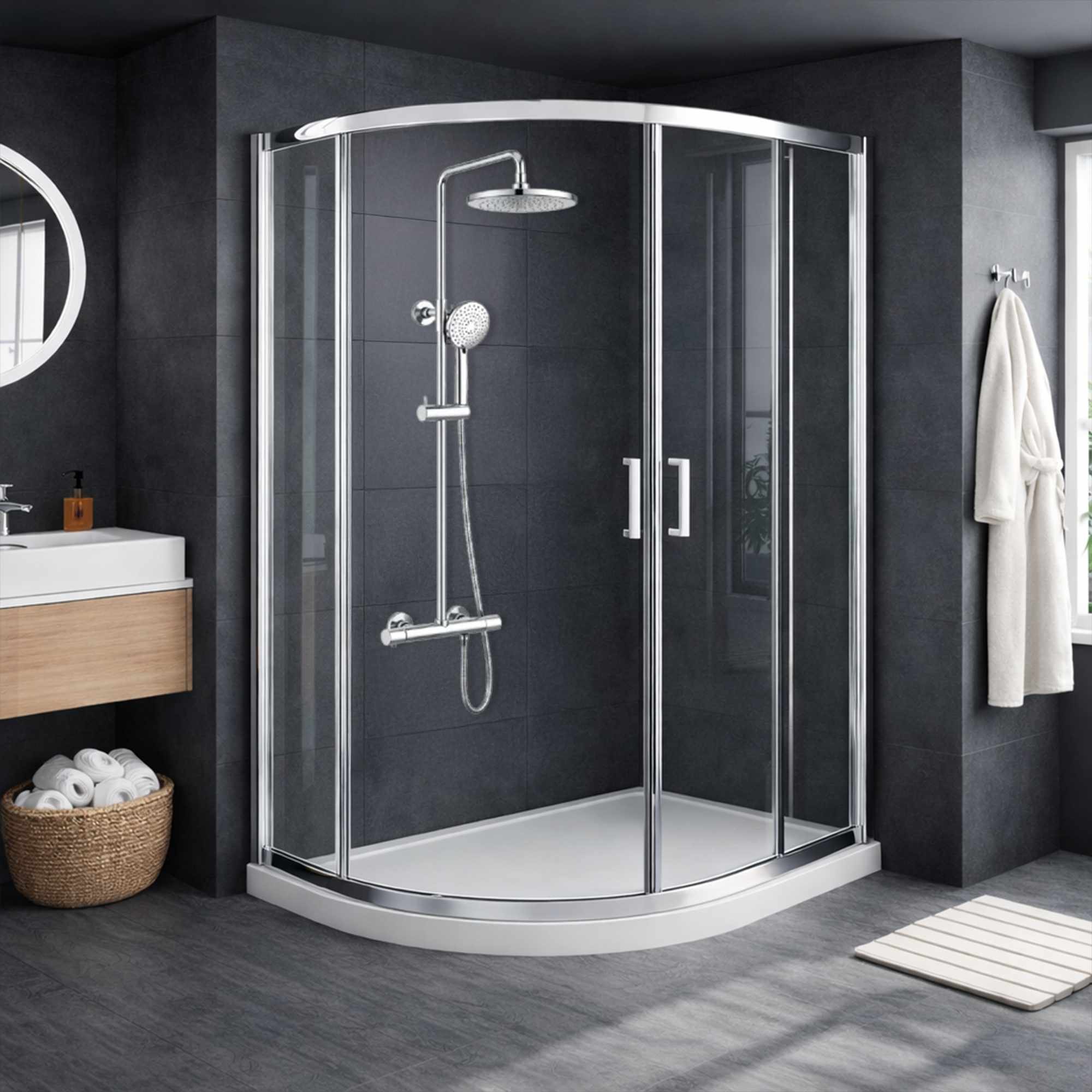 ARKO Round Rainfall Shower System with Handheld Spray & Curved Glass Sliding Shower Enclosure with Tray & Waste - Chrome