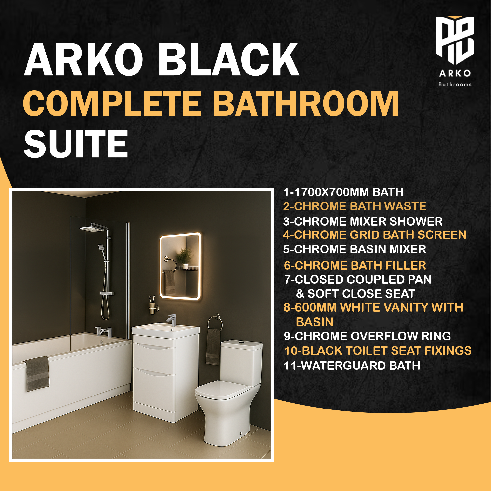 Arko Vista Complete Bathroom Suite -  Chrome