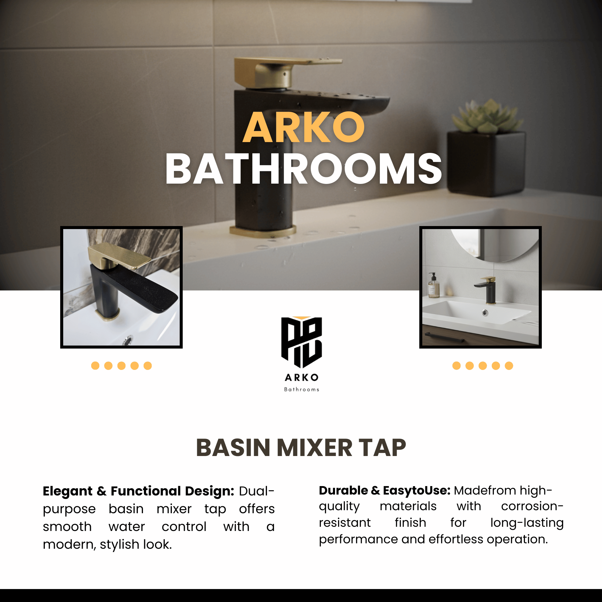 ARKO Square Basin Mixer Tap, Black&Brass – Stylish Bathroom Sink Faucet with Single Lever
