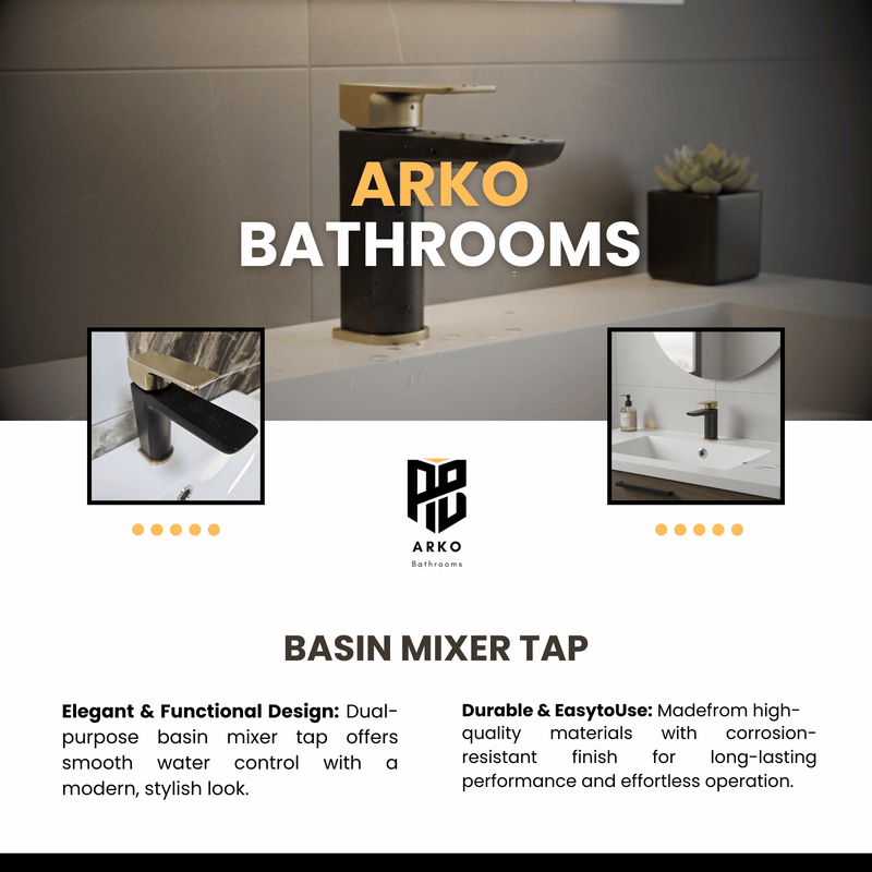 ARKO Square Basin Mixer Tap, Black&Brass – Stylish Bathroom Sink Faucet with Single Lever