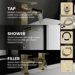 ARKO Waterfall Basin Mixer Tap, Bath Filler & Thermostatic Mixer Shower Set with Bath Waste – Brass