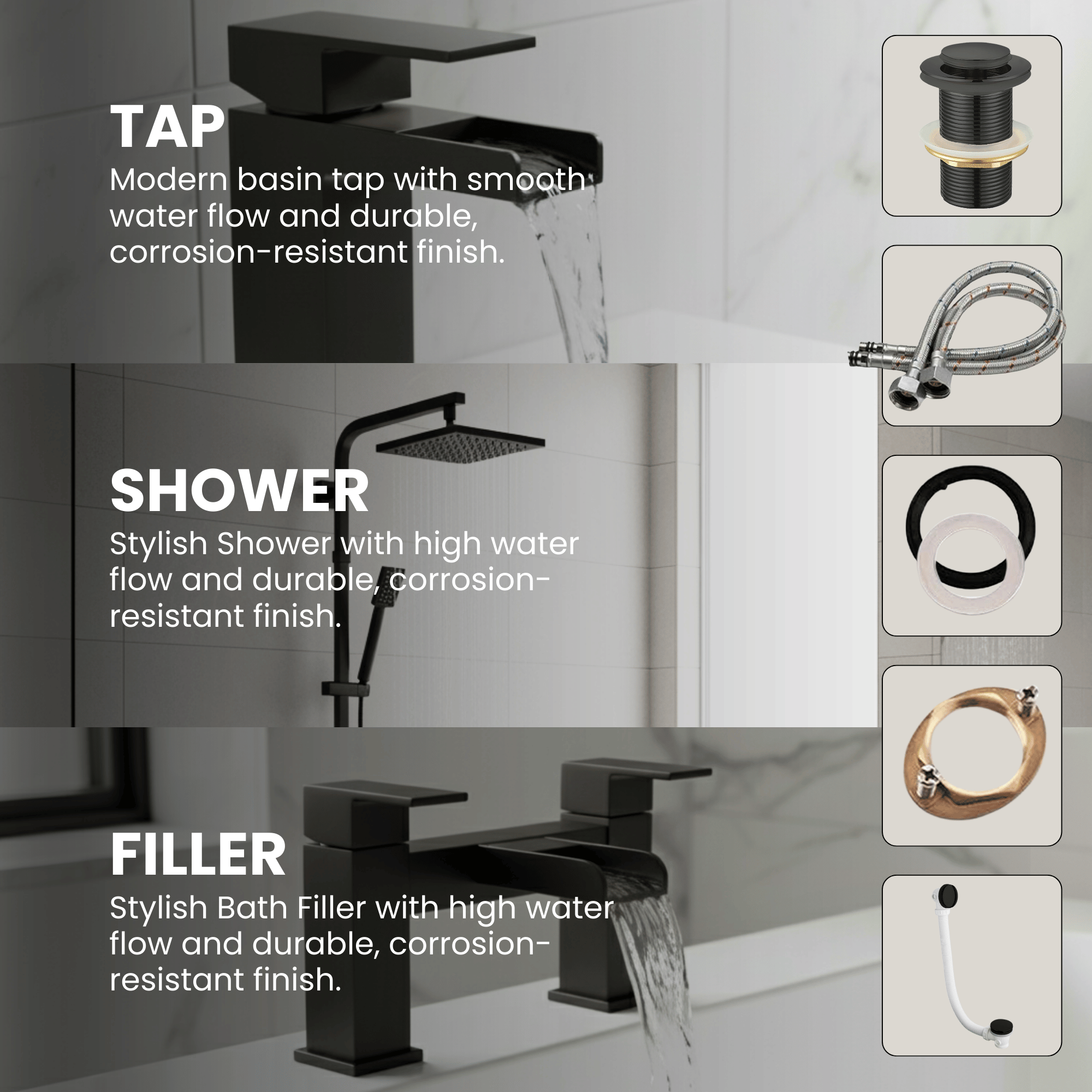 ARKO Waterfall Basin Mixer Tap, Bath Filler & Thermostatic Mixer Shower Set with Bath Waste – Black