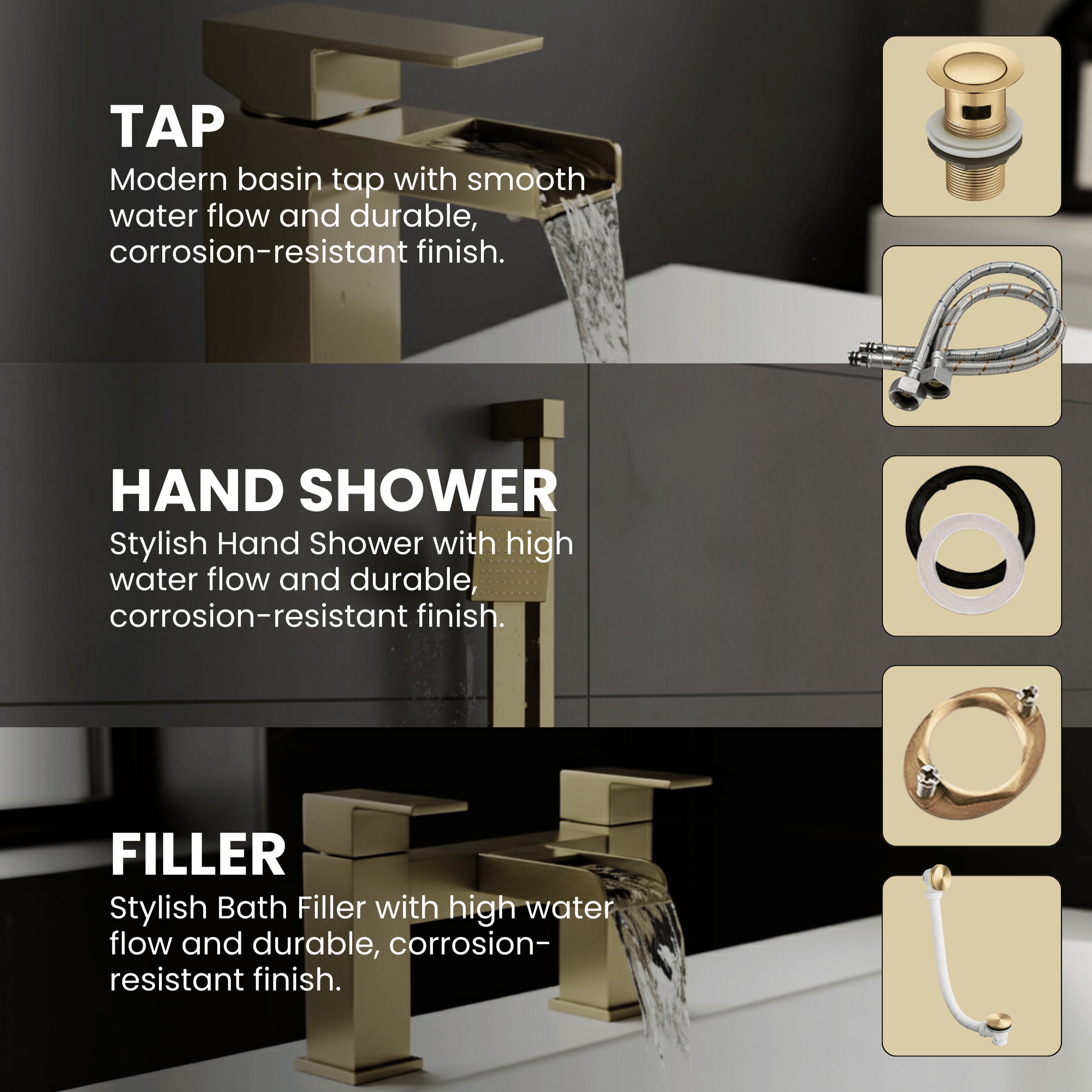 ARKO Waterfall Basin Mixer Tap, Bath Filler & Handheld Shower Set with Bath Waste – Brass