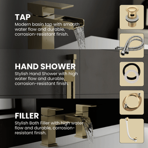 ARKO Waterfall Basin Mixer Tap, Bath Filler & Handheld Shower Set with Bath Waste – Brass