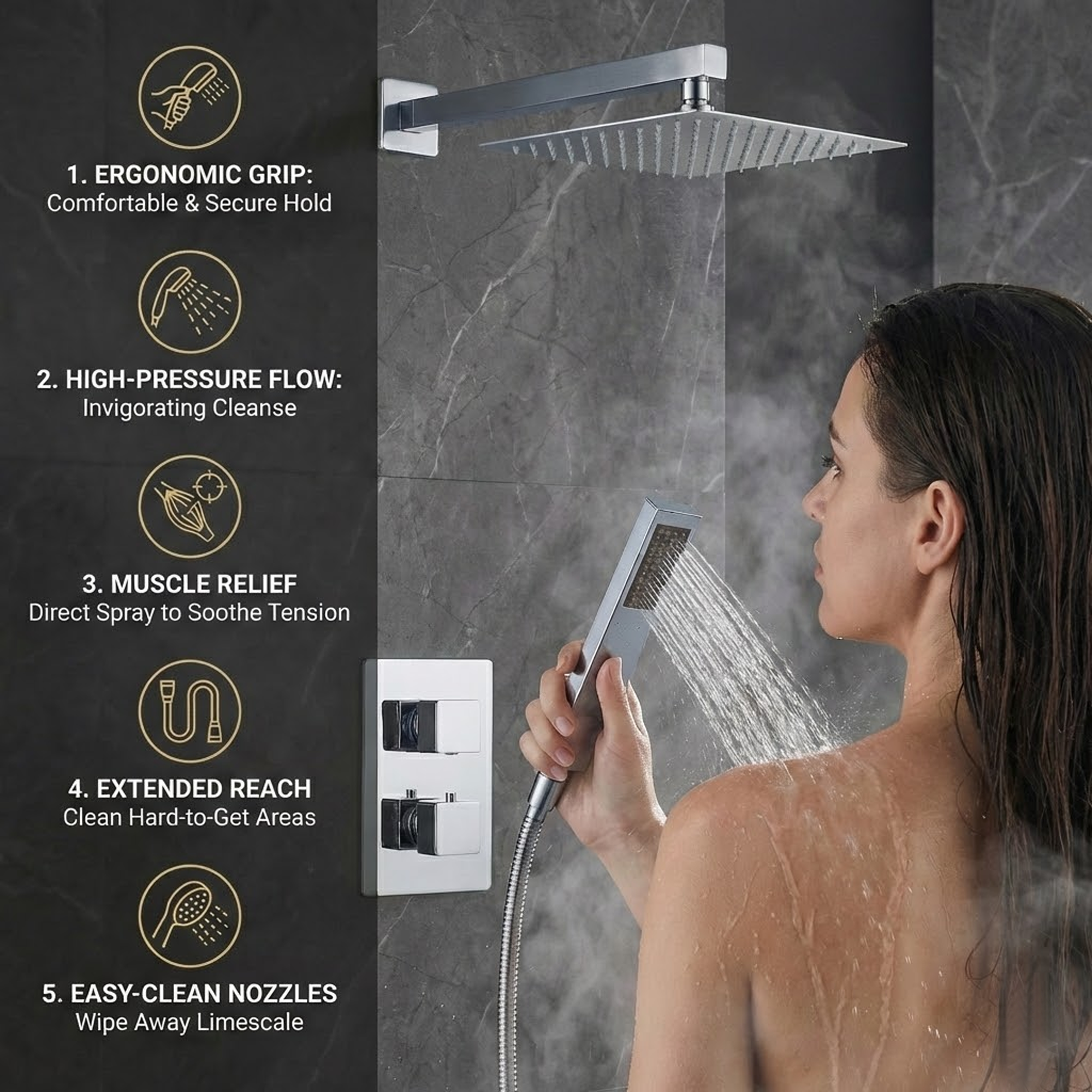 ARKO 2-Way Square Concealed Thermostatic Mixer Shower Dual Dial, Twin Head – Chrome