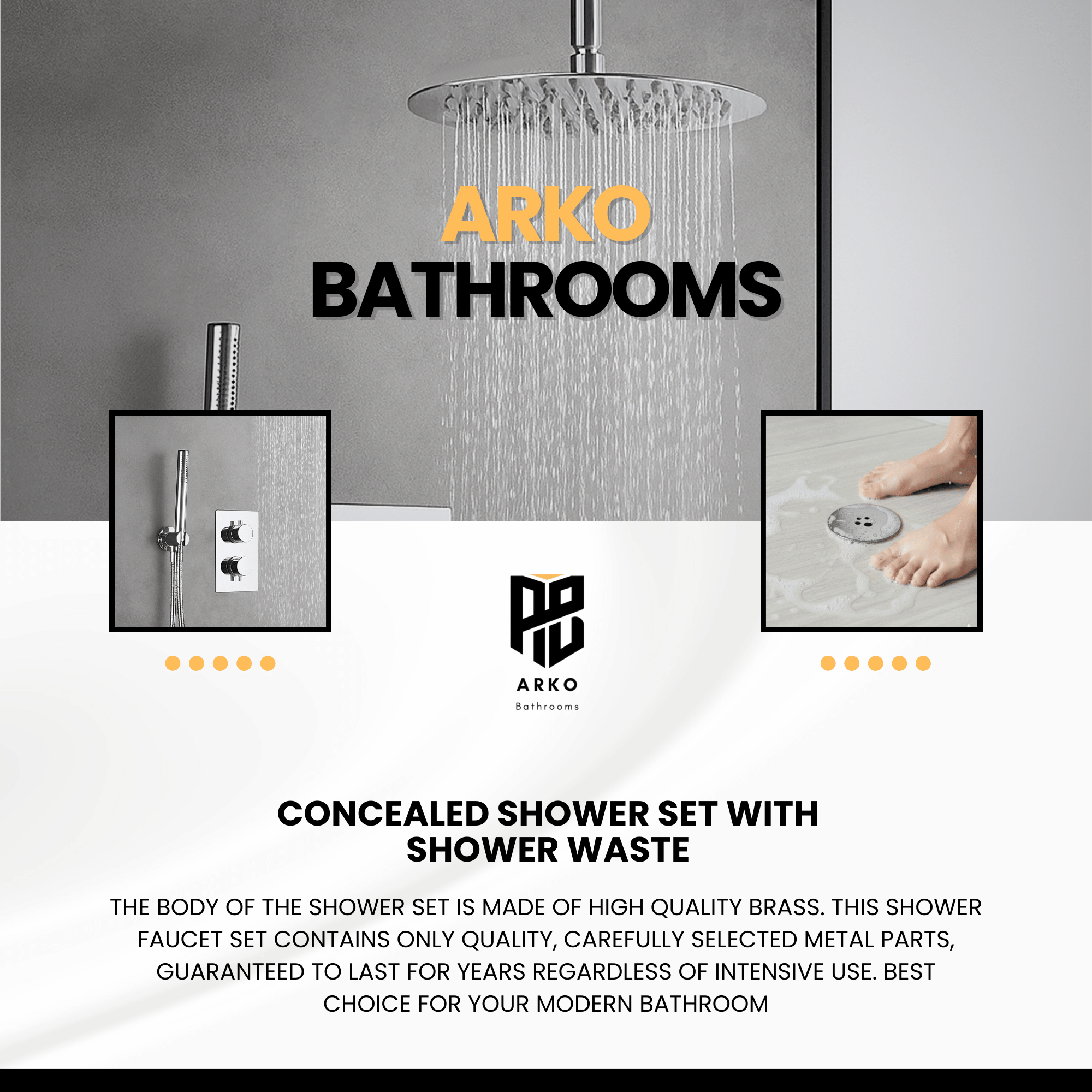 ARKO Round Concealed Thermostatic Shower Mixer 2 Dial Twin Head with Valve, Handset & Shower Waste – Chrome