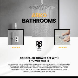 ARKO Round Concealed Thermostatic Shower Mixer 2 Dial Twin Head with Valve, Handset & Shower Waste – Chrome