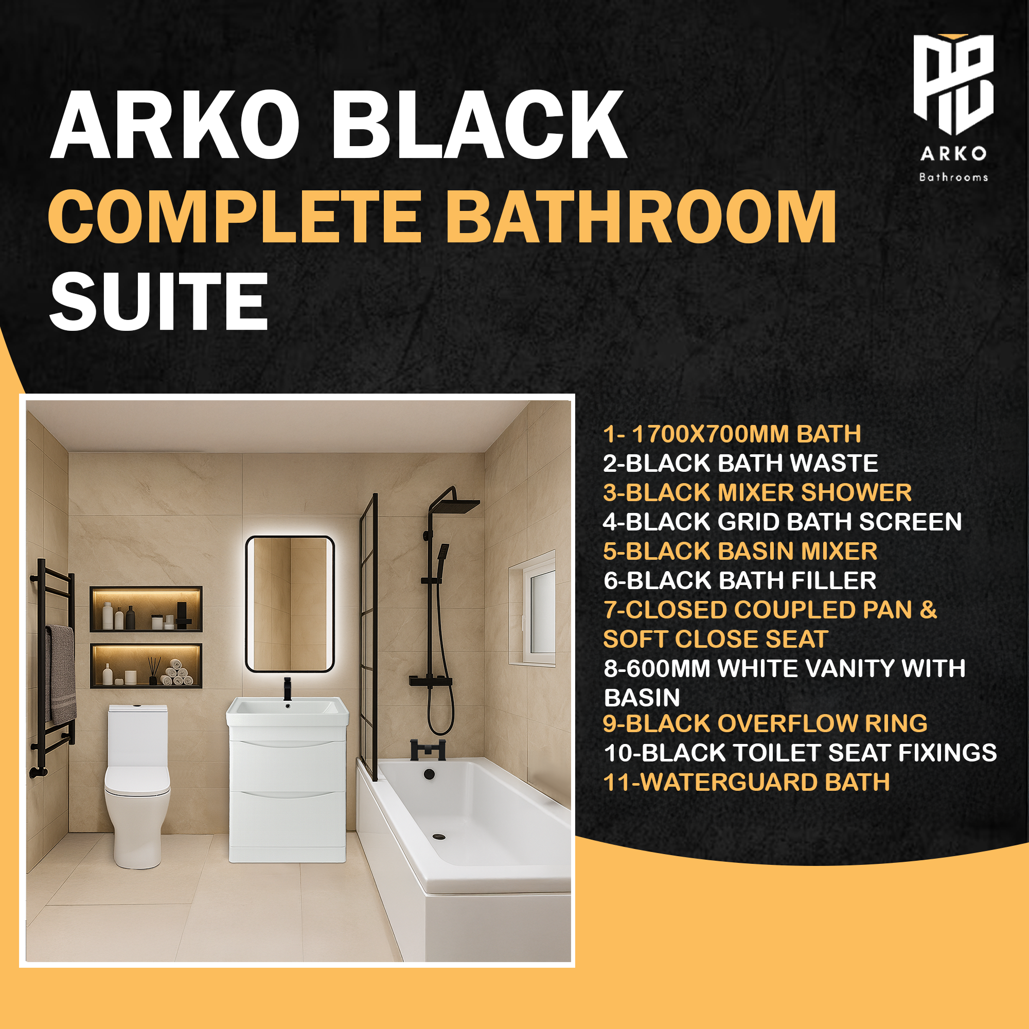 Arko Vista Complete Bathroom Suite -  Black