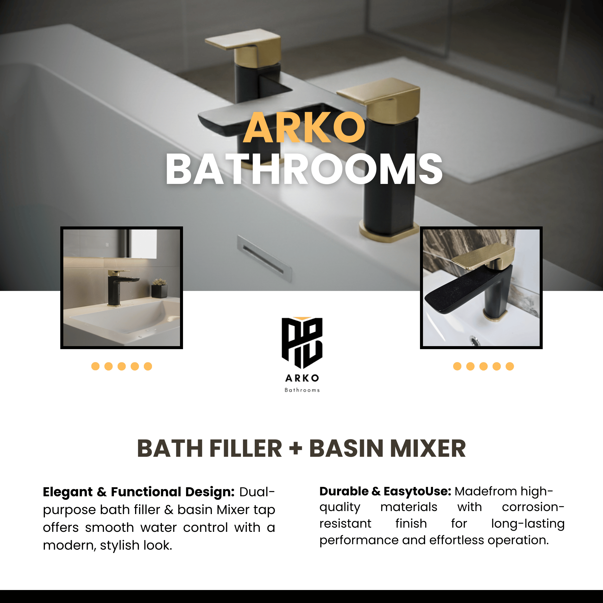ARKO Bath and Basin Tap Set Waterfall Mixer Taps with Pop-Up Waste – Black & Brass